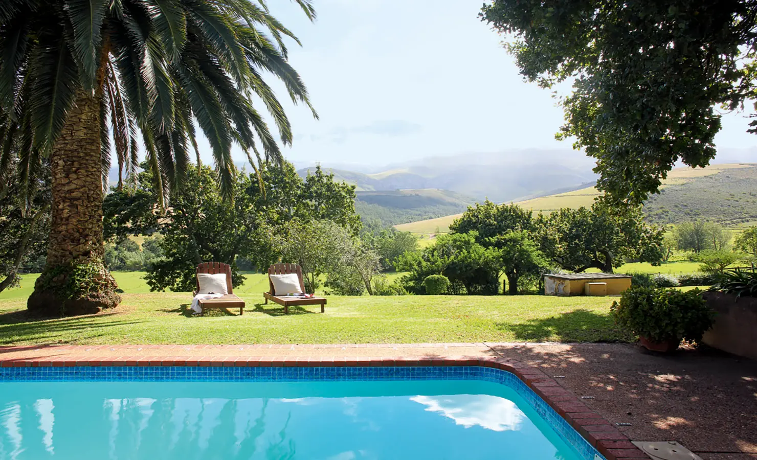 Joubertsdal garden with a large swimming pool and luscious green garden overlooking the expansive Langeberg mountain range.