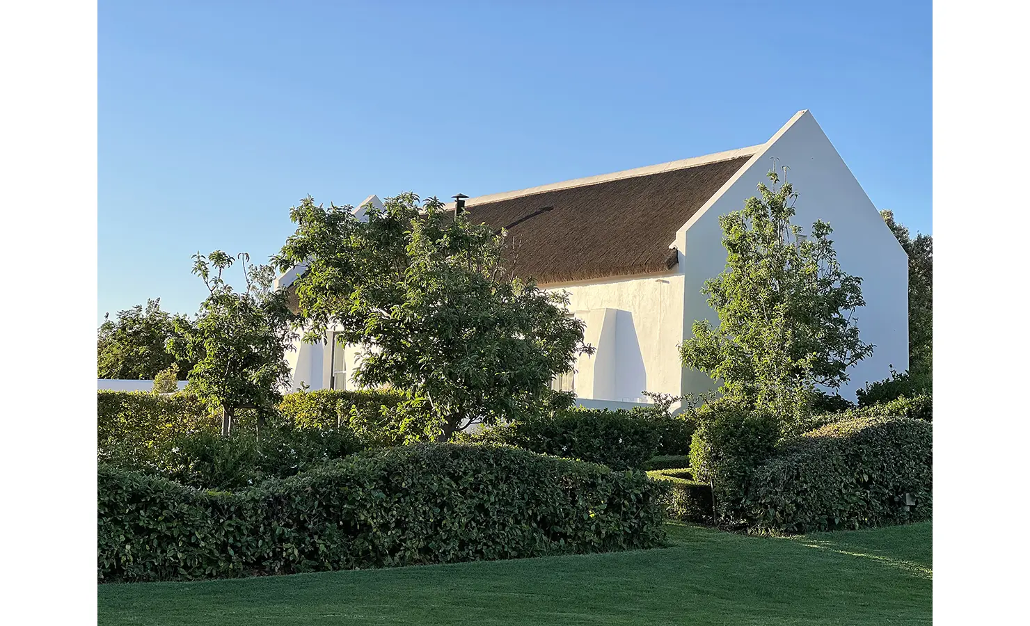 Perfect Hideaways: A classic Cape Dutch-style farmhouse with a thatched roof, nestled among flourishing trees and vibrant greenery, basking in the warm glow of the late afternoon sun. Penhill Fruit Barn, Nuy Valley.