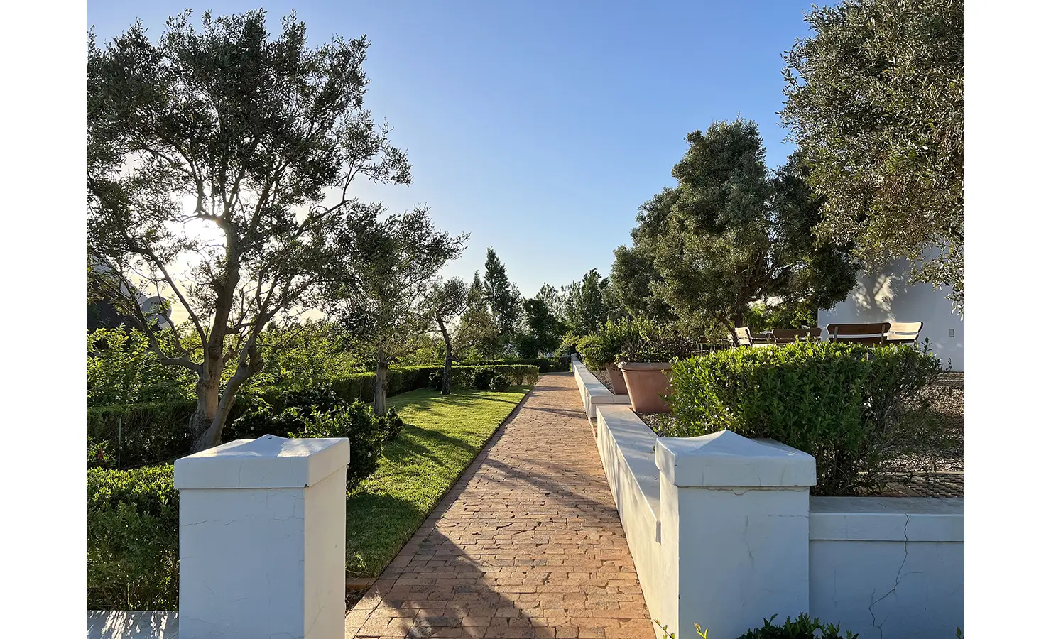 Perfect Hideaways: A scenic brick-paved pathway leading through a beautifully landscaped garden, lined with lush greenery and olive trees, bathed in the warm glow of the setting sun. Penhill Fruit Barn, Nuy Valley.