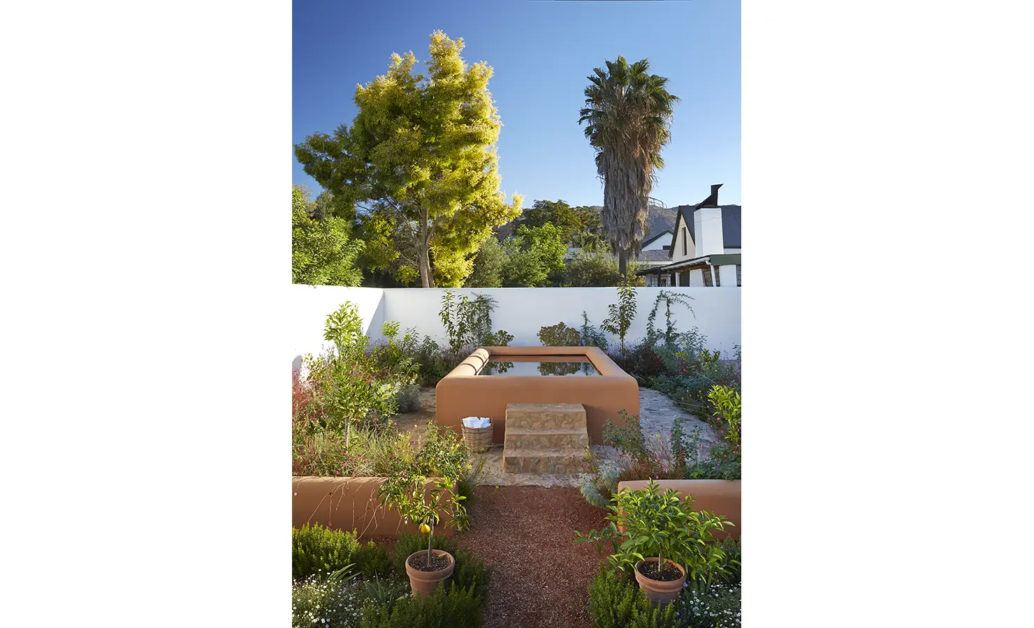 Perfect Hideaways: A sunken terracotta plunge pool sits at the centre of a vibrant garden surrounded by terracotta walls, with lush greenery and towering trees against a clear blue sky. Jonkmanshof, Montagu.