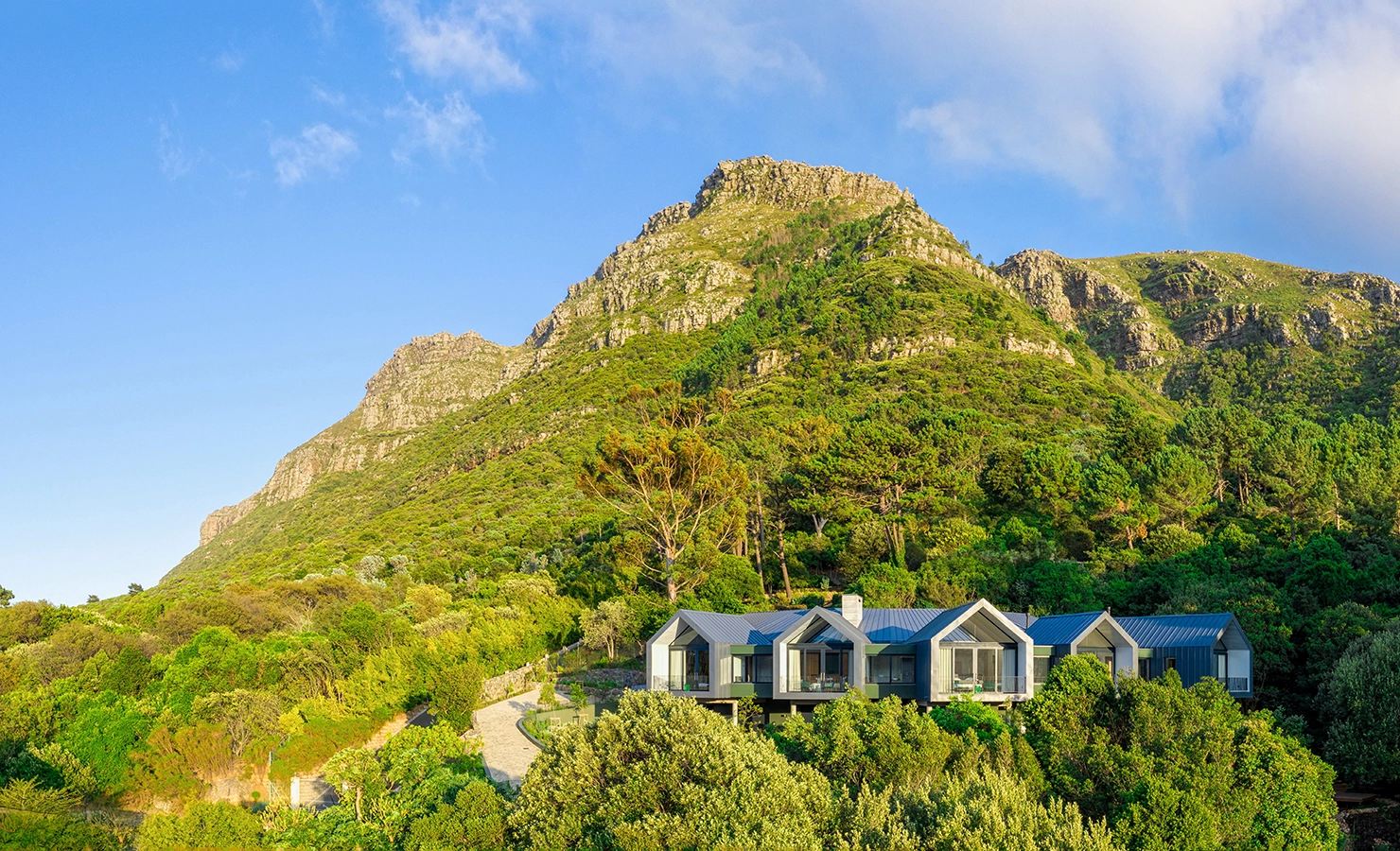 Perfect Hideaways: A striking aerial view of the contemporary villa nestled in dense forest at the foot of a dramatic mountain slope, with gabled rooftops peeking through the treetops. Villa Verte, Hout Bay.