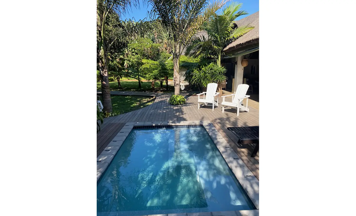 Perfect Hideaways: A glistening plunge pool sits on a wooden deck, surrounded by towering palm trees and greenery. White Adirondack chairs add a touch of classic coastal charm to this intimate oasis. Cowrie Cottage, Westbrook Beach.