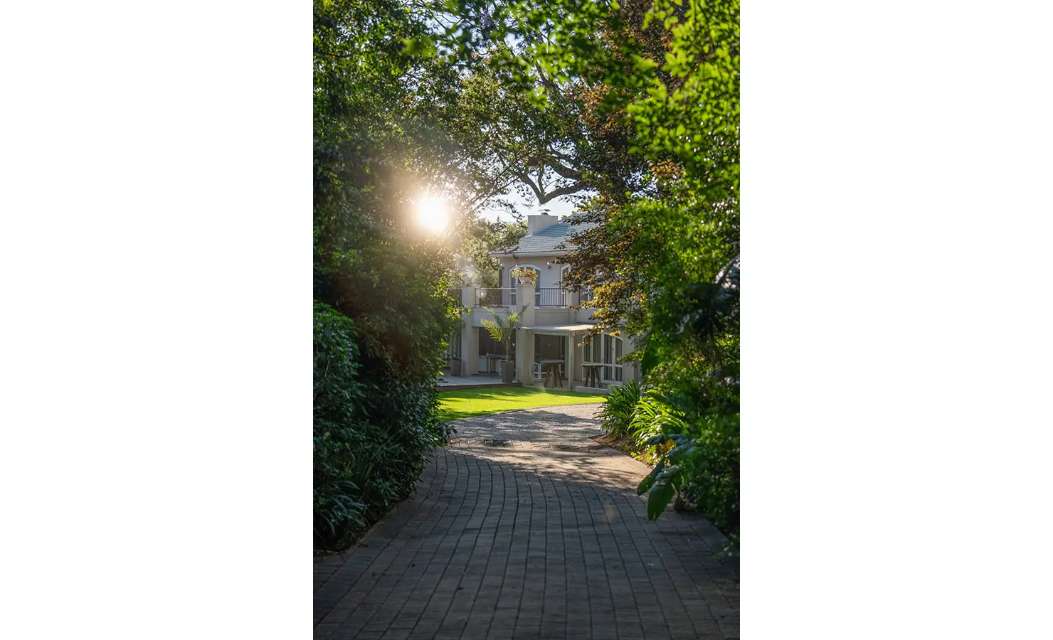Perfect Hideaways: A leafy pathway leads to the elegant villa, with morning light filtering through the trees and illuminating the secluded entrance. AtholPlace Hotel & Villa, Atholl.