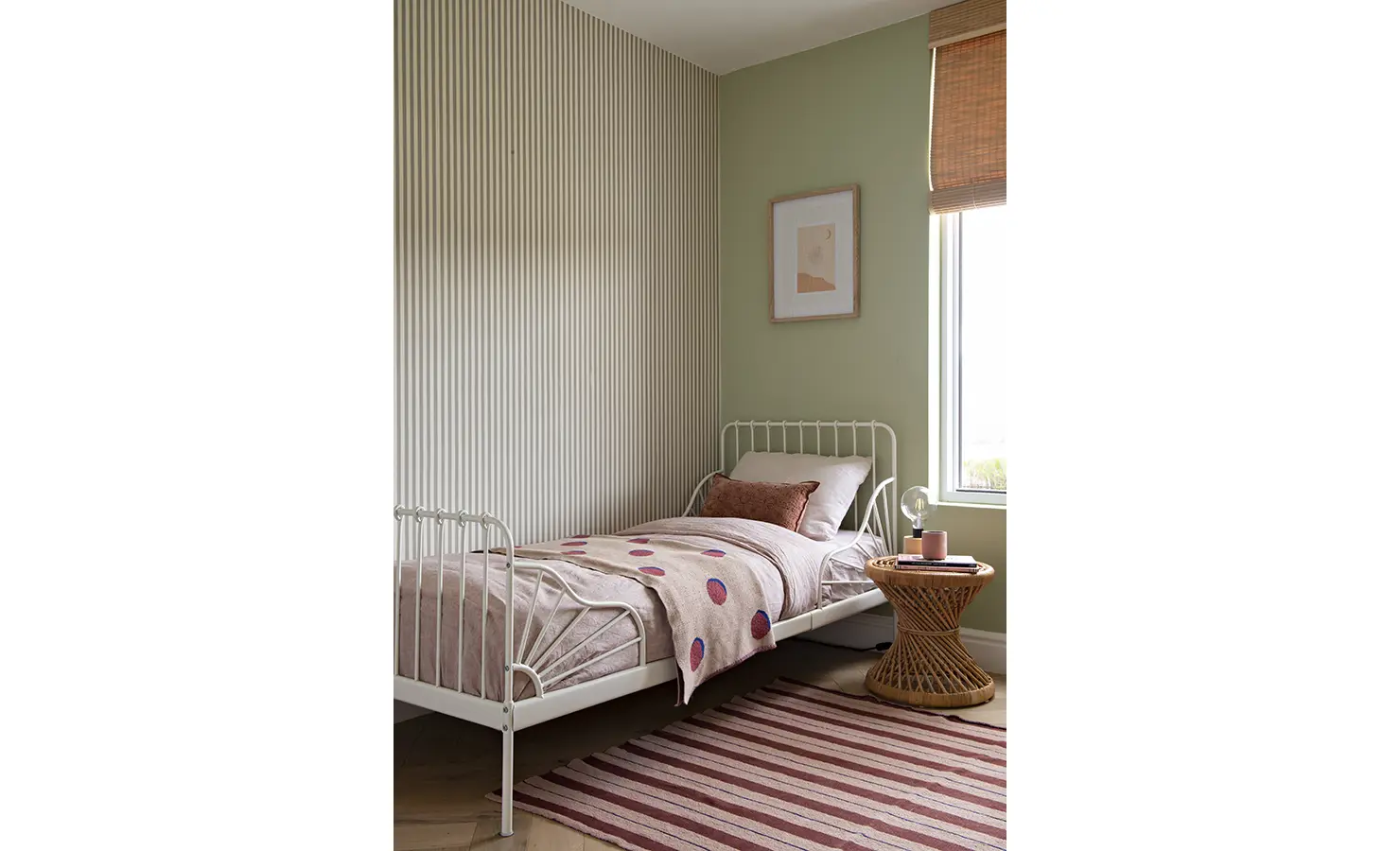Perfect Hideaways: Children’s bedroom with soft pastel tones, striped rug, and single bed framed by a textured feature wall, Thuúla Haven, Hemel-en-Aarde.