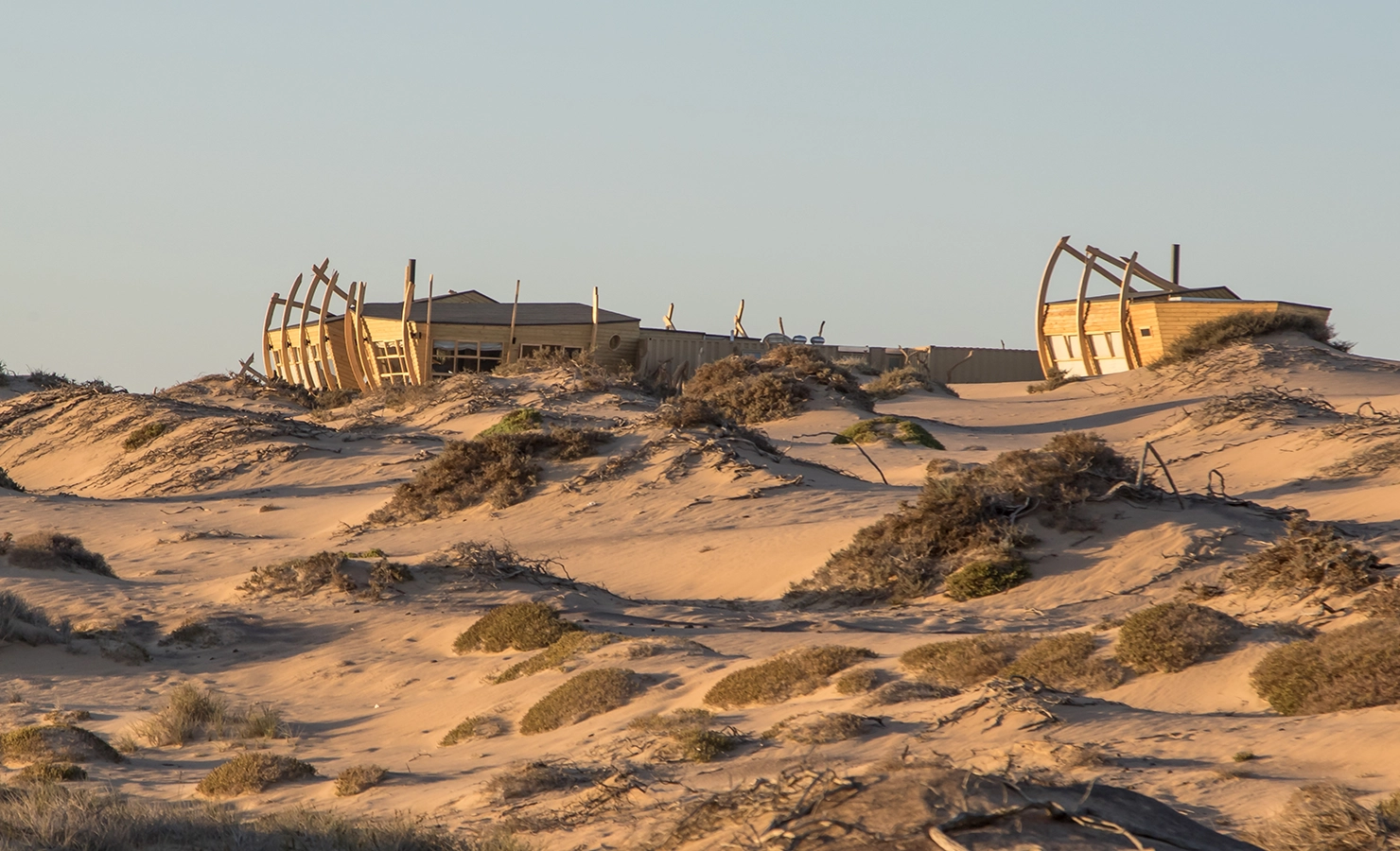 Perfect Hideaways: A distant view of the lodge nestled among sand dunes, its design blending seamlessly into the surrounding arid landscape under soft sunlight, Shipwreck Lodge, Skeleton Coast National Park.
