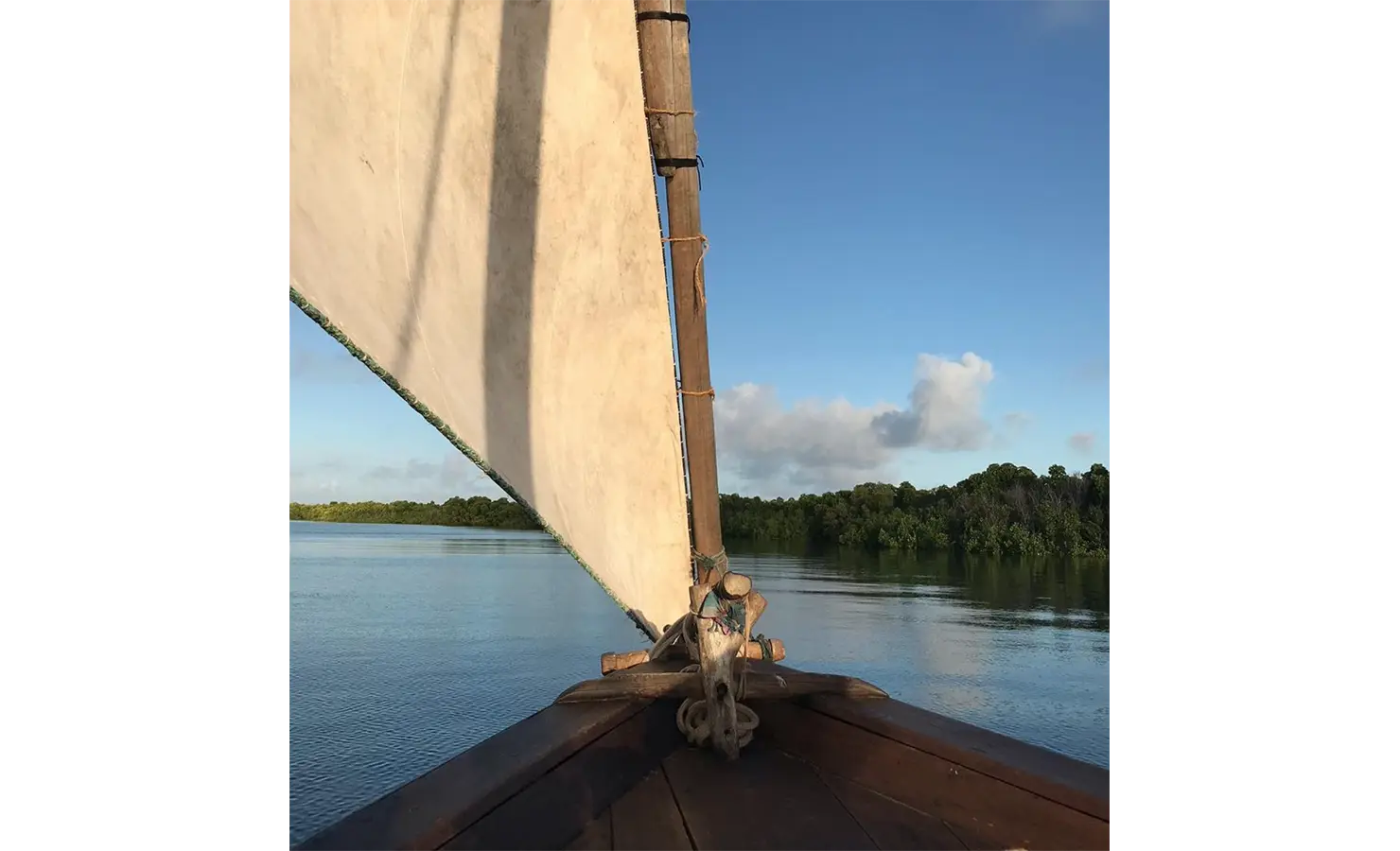 Perfect Hideaways: A traditional dhow boat sailing through still waters surrounded by mangroves, with a clear blue sky above. Shela Beach House, Lamu.