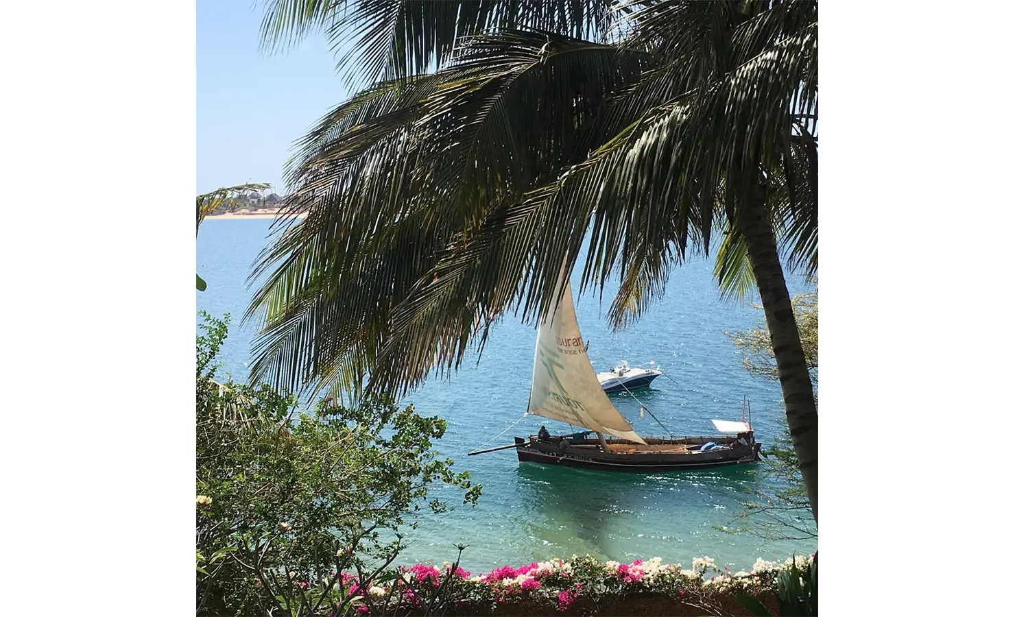 Perfect Hideaways: A vibrant tropical setting with a traditional dhow boat anchored near the shore, framed by lush palm fronds and bright flowers. Shela Beach House, Lamu.