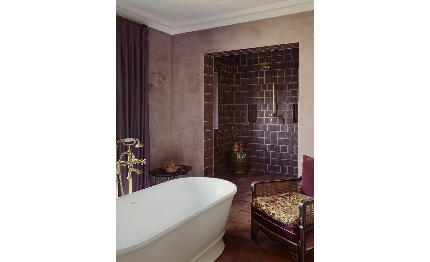Perfect Hideaways: A luxurious bathroom with a freestanding tub, velvet curtains, and a tiled walk-in shower in deep purple hues. Sterrekopje, Franschhoek.