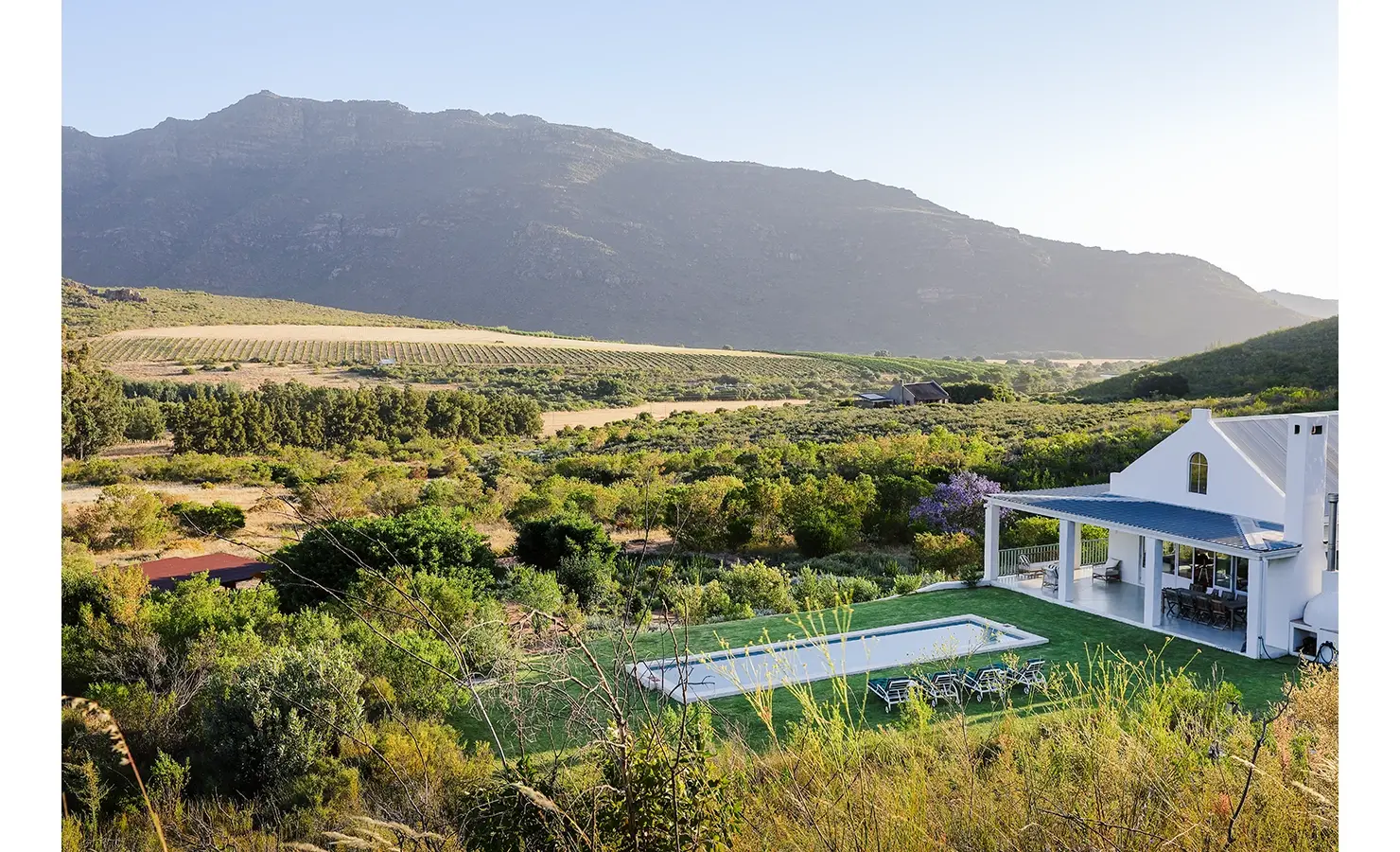 Buchubos Villa perched on a hill with a green rolling lawn and large swimming pool, and surrounded by Banghoek nature reserve and distant mountain ranges.