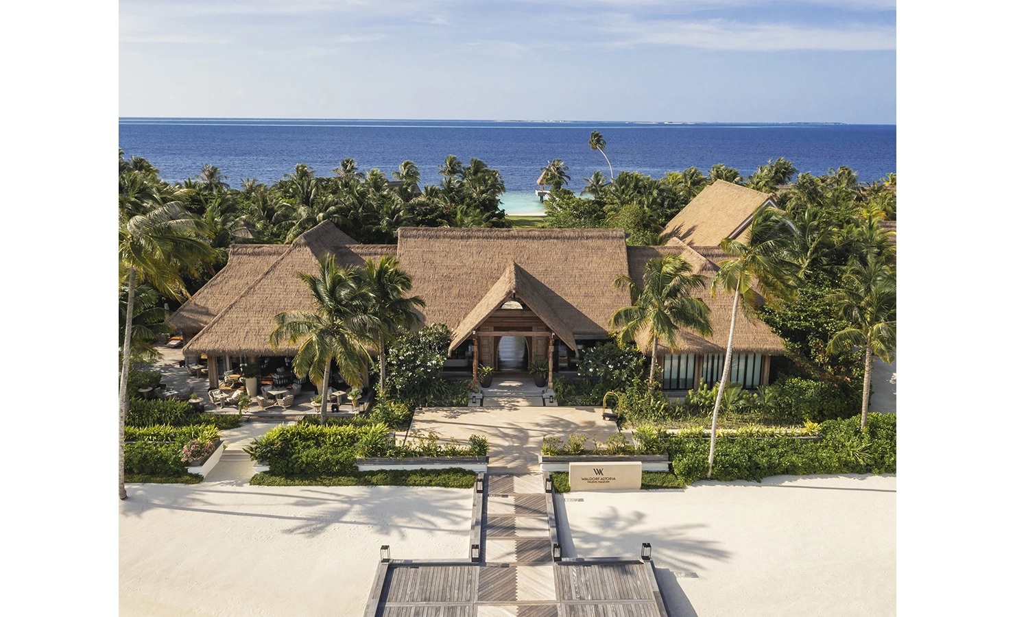 Perfect Hideaways, Waldorf Maldives, Luxury accommodation aerial view of house with pathway leading to the deck on the beach