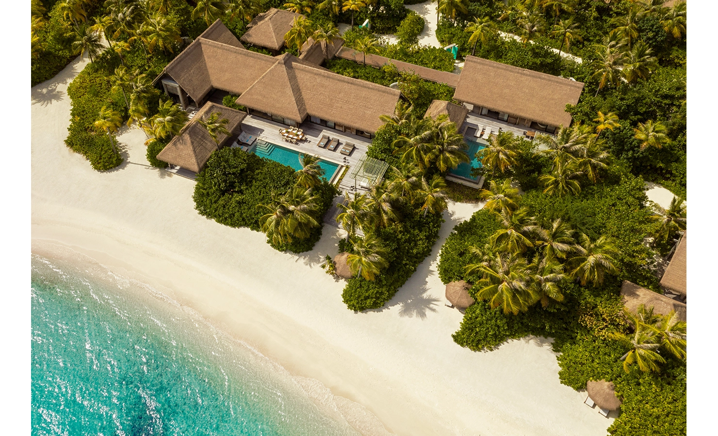Perfect Hideaways, Waldorf Maldives, Luxury accommodation aerial view of house on the beach