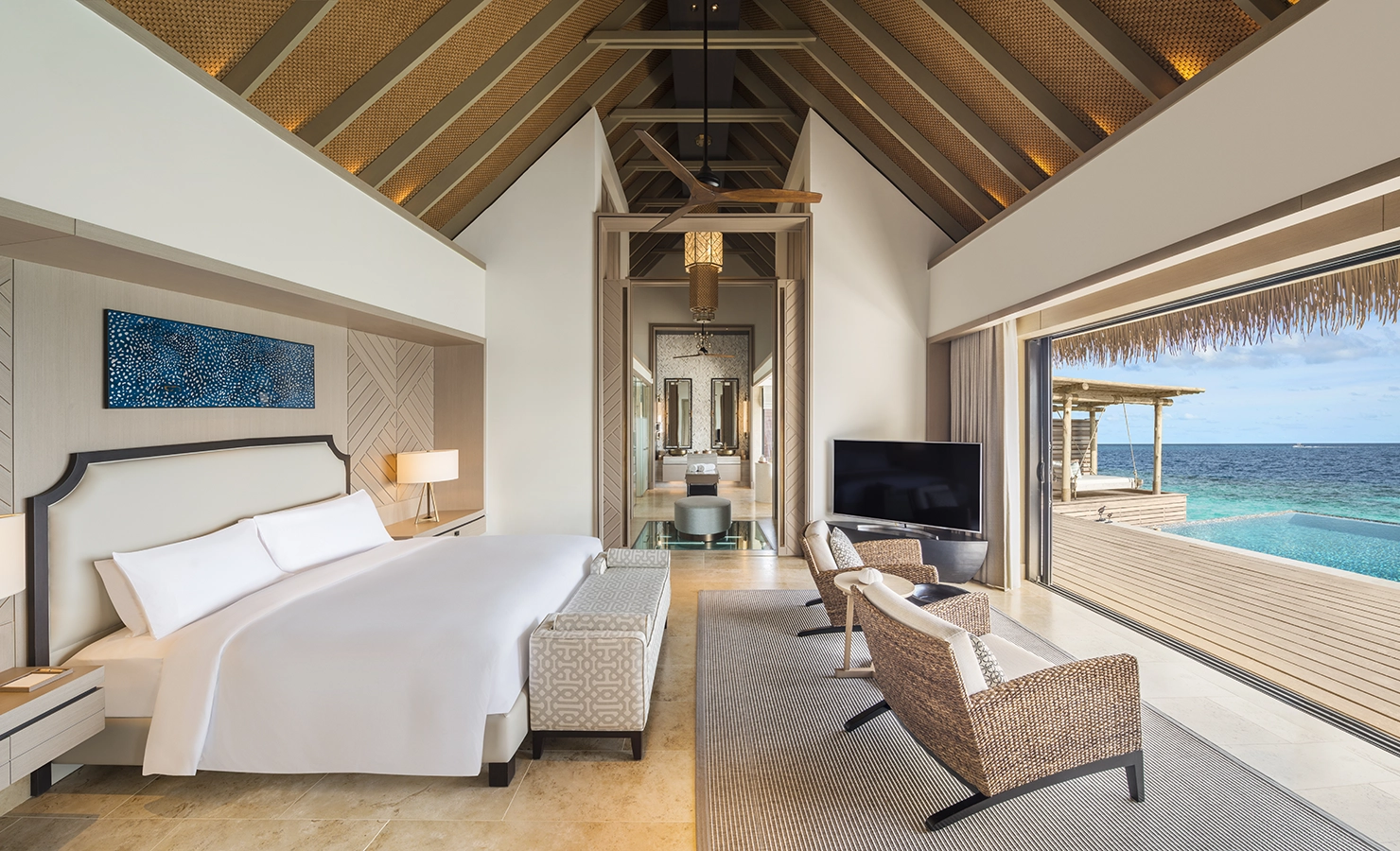 Perfect Hideaways, Waldorf Maldives, Luxury accommodation bedroom with a view of the ocean