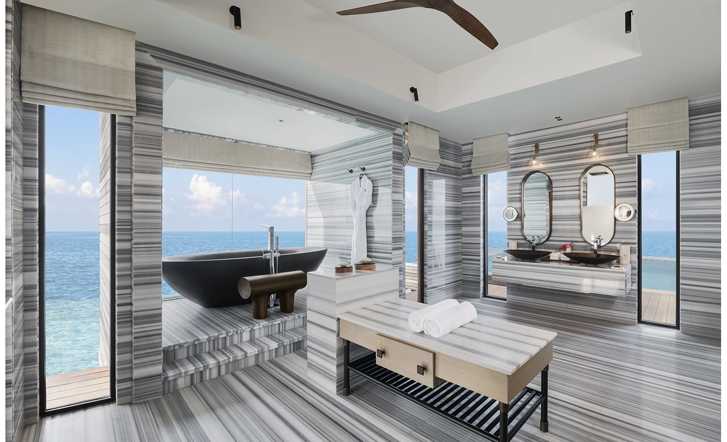 Perfect Hideaways, Waldorf Maldives, Luxury accommodation batroom with view ofthe ocean