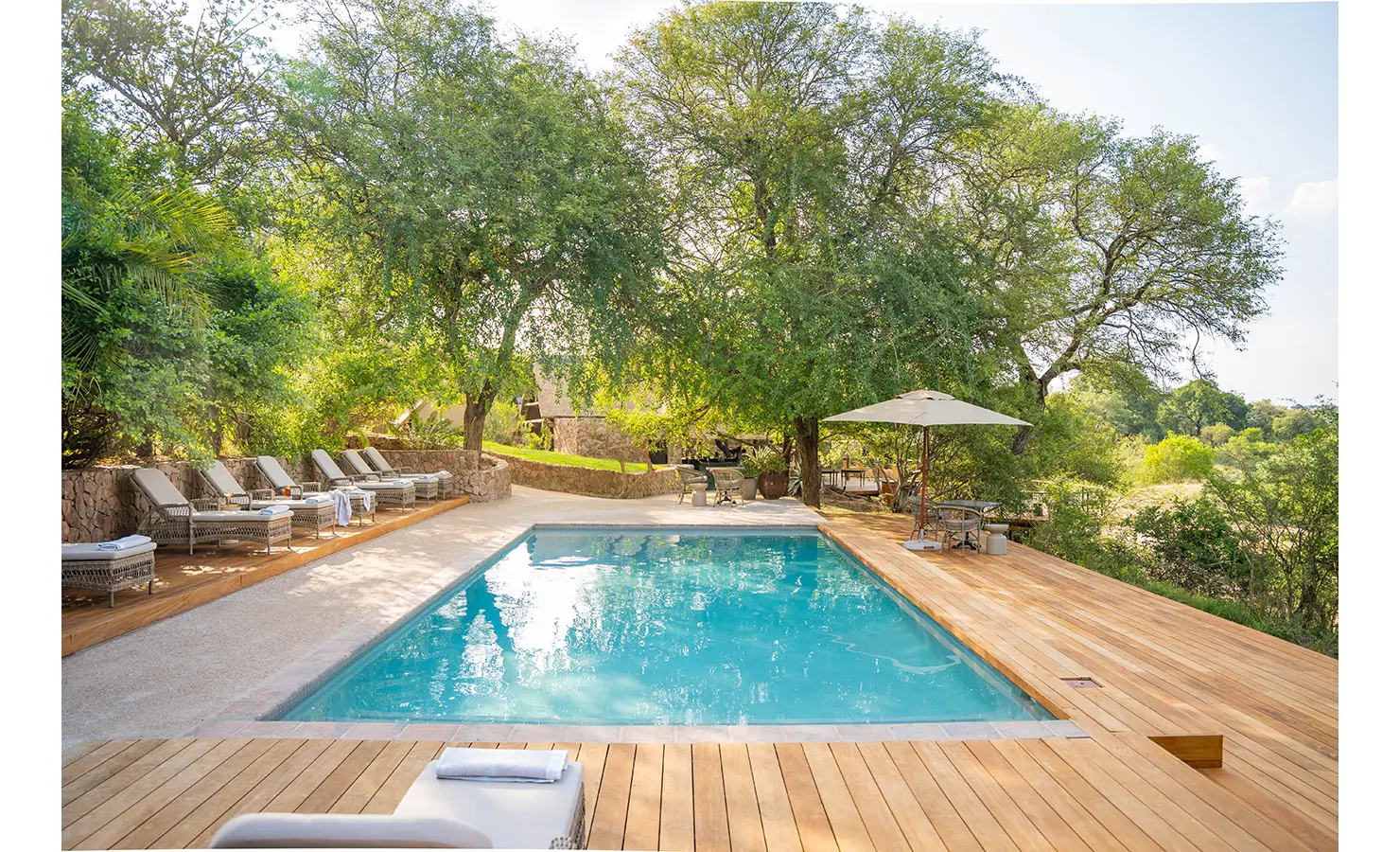 Perfect Hideaways: A secluded swimming pool at Thornybush Lodge, surrounded by lush greenery and wooden sun loungers. The sparkling blue water invites guests to relax and refresh while immersed in the beauty of the African bush. Thornybush Lodge, Thornybush Game Reserve.