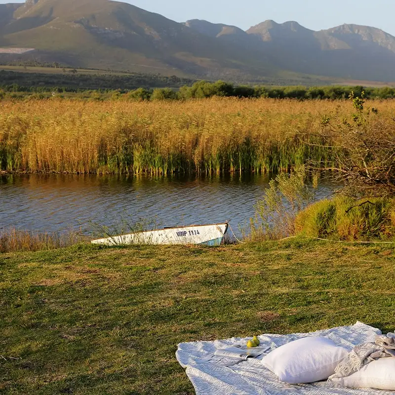 Perfect Hideaways: A peaceful riverside scene with a small boat on a calm river, backed by tall grasses and distant mountains. A cozy picnic setup includes pillows and a book. Shoot Locations.