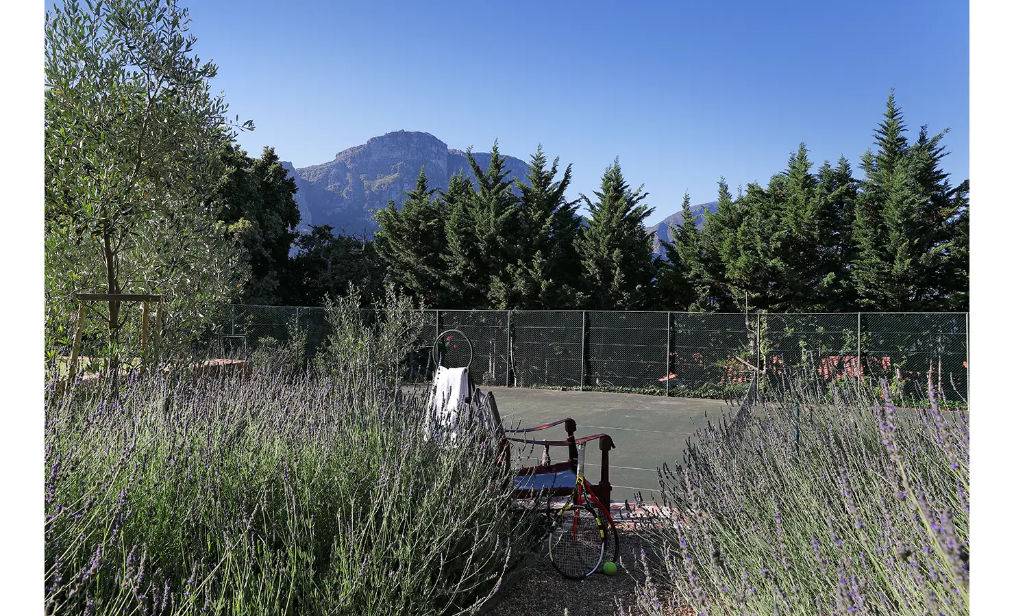 Perfect Hideaways — A serene outdoor tennis court framed by lavender and olive trees, with a mountain backdrop and clear blue skies. A bench and vintage tennis racket rest near the court’s edge. Bishopscourt, Bishops Hall.