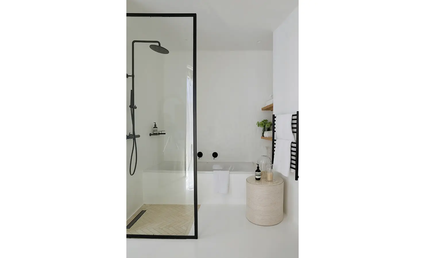 Perfect Hideaways: Contemporary bathroom with black-framed glass shower, herringbone floor and tub beyond, Knysna, Tides Reach