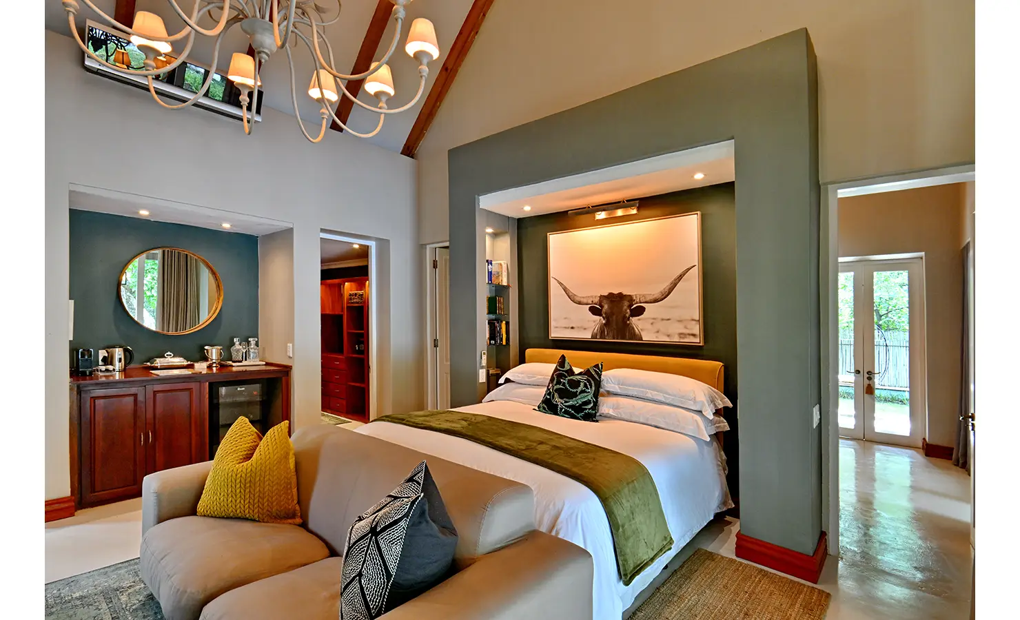 Perfect Hideaways: Luxurious bedroom with plush bedding, an animal portrait headboard, and a private coffee station, Tanyati Villa, Livingstone