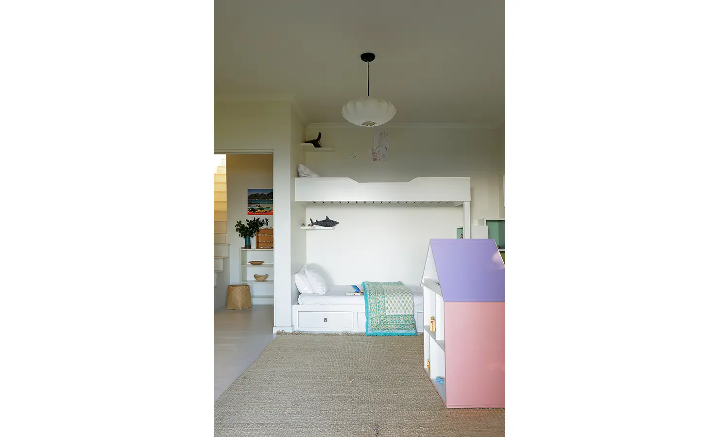 Perfect Hideaways: Children’s bunk room with built-in bunks, pastel playhouse shelf and a natural-fibre rug — playful family space, Amongst The Trees, Scarborough.
