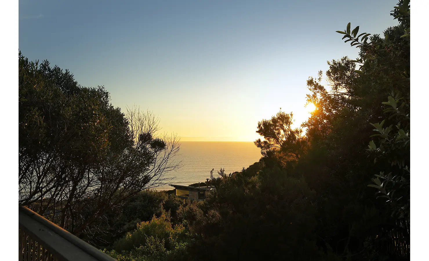 Perfect Hideaways: Sunset over the ocean framed by fynbos and treetops from the deck — golden coastal glow, Amongst The Trees, Scarborough.