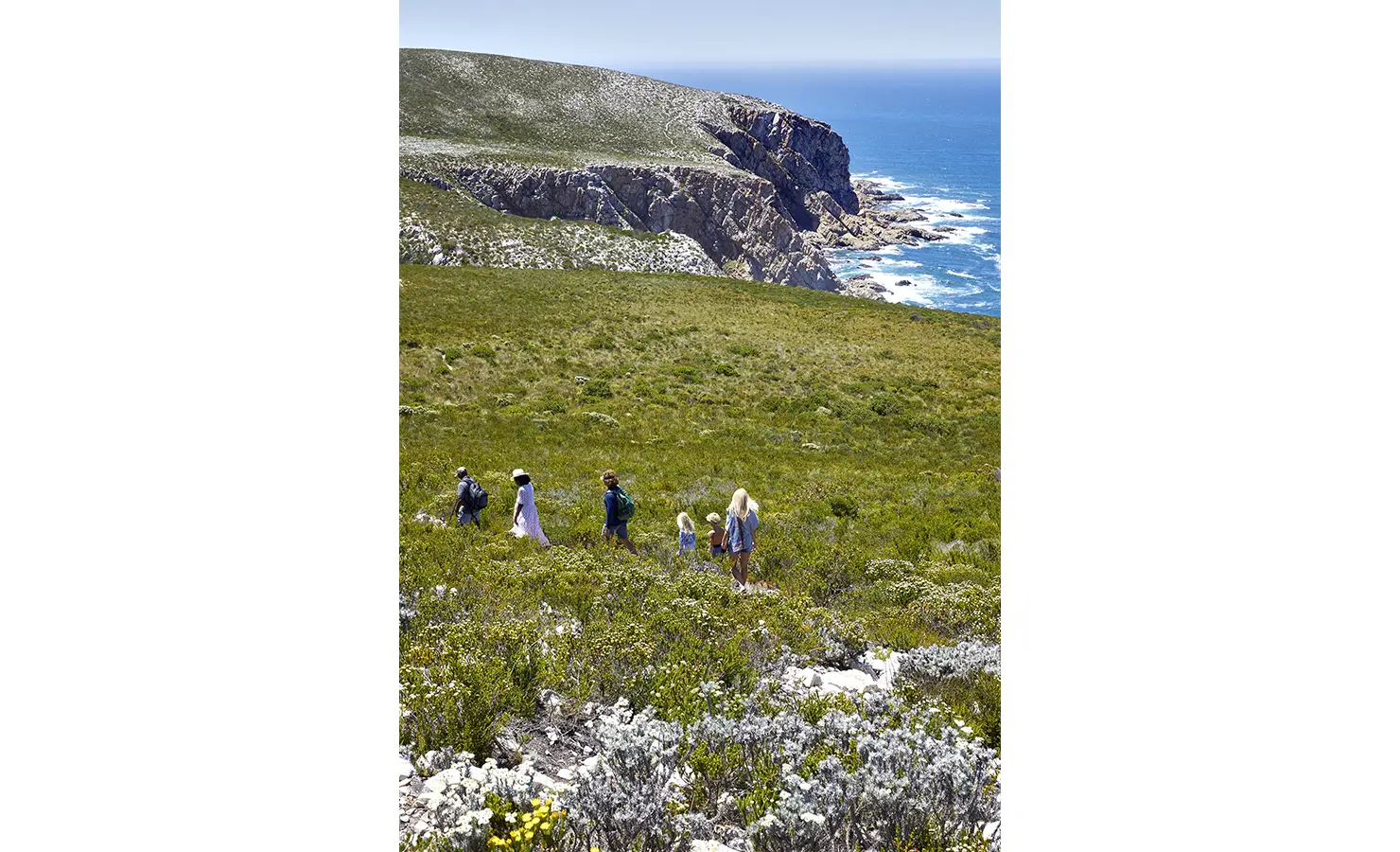 Perfect Hideaways: A family hikes through rolling green fynbos toward dramatic coastal cliffs, with the deep blue sea stretching beyond. Fynbos Fort, Plettenberg Bay.