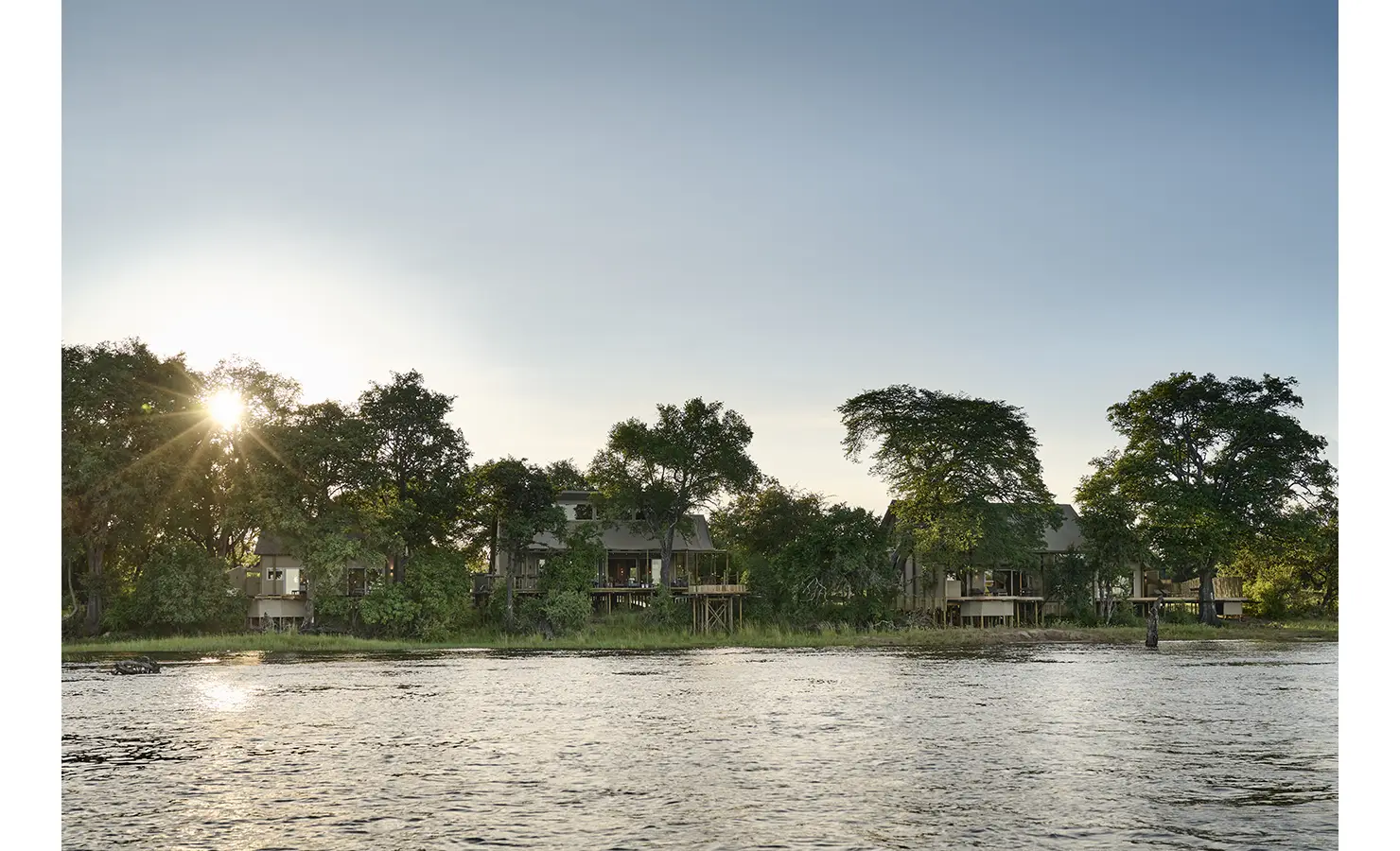 Perfect Hideaways: Riverbank safari lodge tucked among mature trees at sunrise, timber decks on stilts facing the wide Zambezi. Hippo Creek Villa, Zambezi National Park.