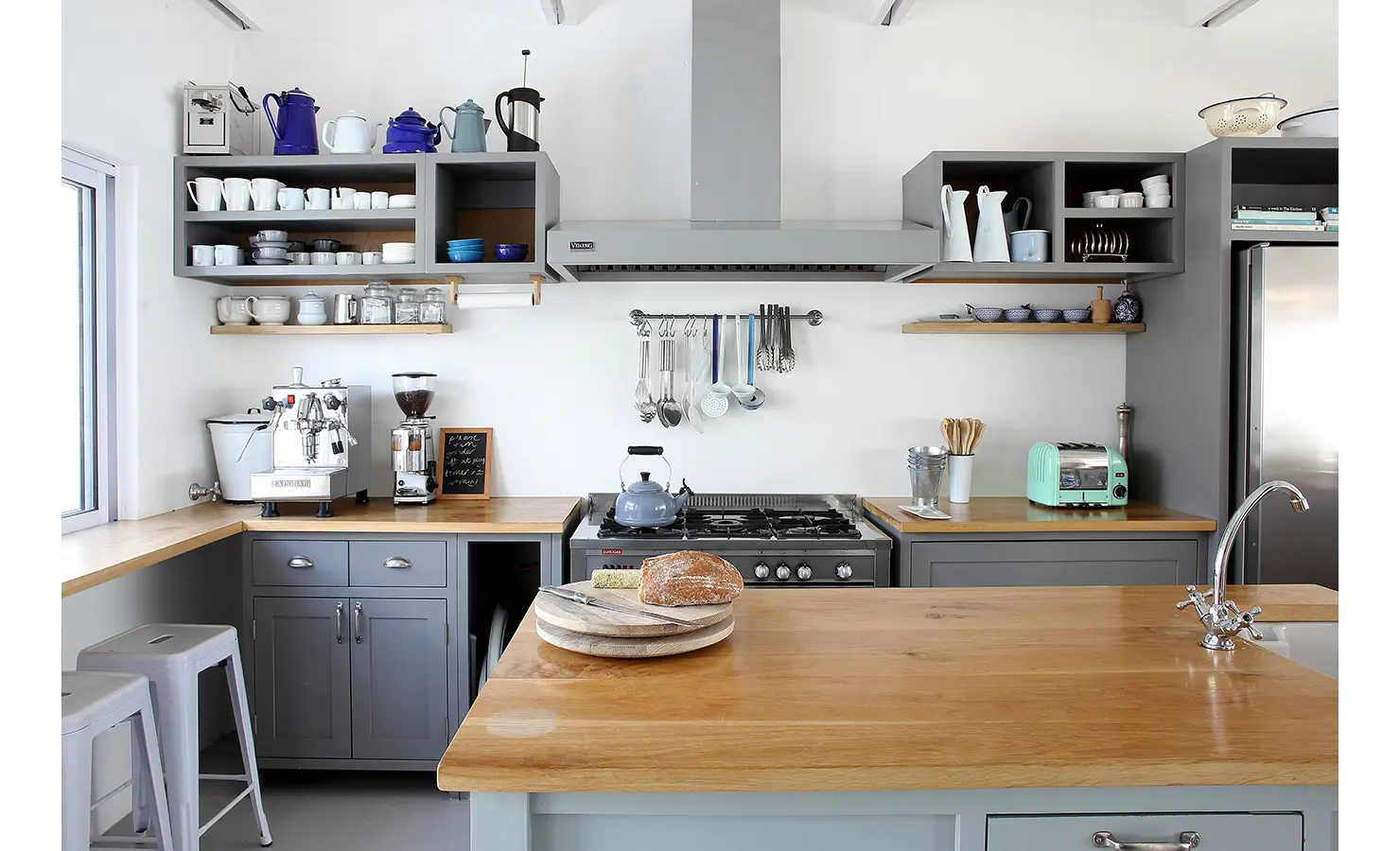 Perfect Hideaways: grey shaker kitchen with oak counters, open shelves, barista coffee set-up and range cooker, Langebaan, Lagoon Lookout.