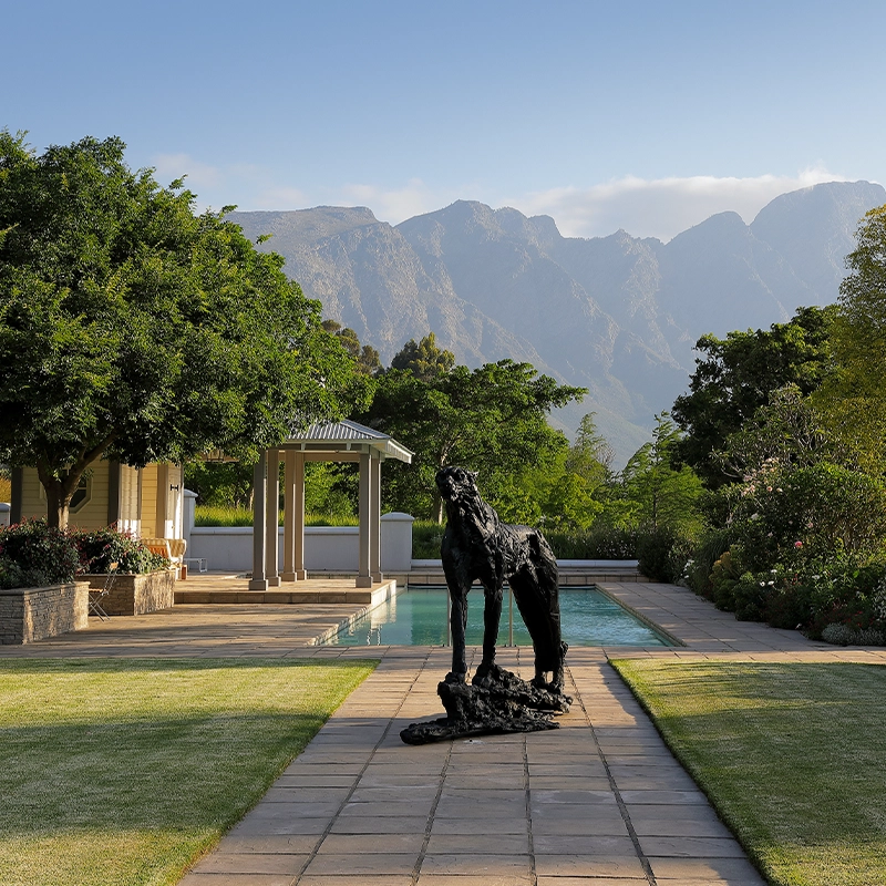 Perfect Hideaways serene garden scene featuring a long pool framed by manicured lawns, lush trees, and blooming shrubs, with a striking black sculpture of a dog in the foreground and dramatic mountain peaks rising in the distance under a clear blue sky, Franschhoek, Varuna.