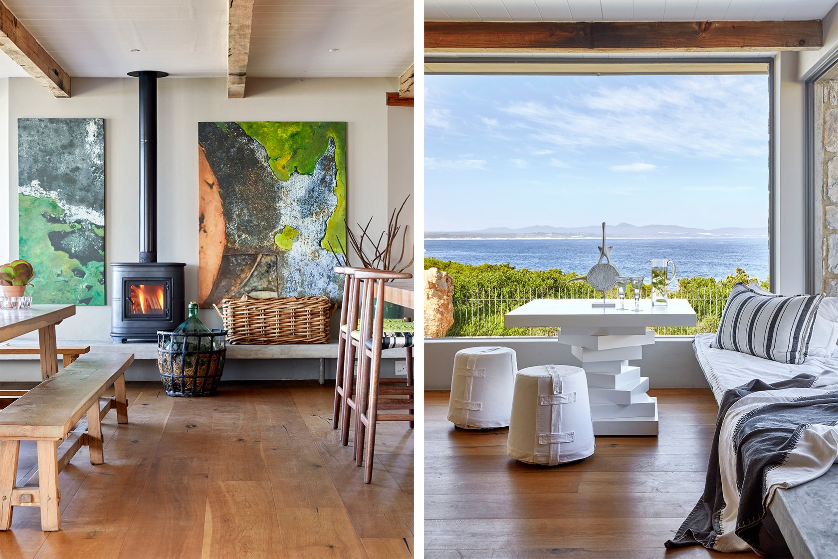 Perfect Hideaways – contemporary dining and seating spaces accented by bold art and a sea-facing nook with white furnishings and panoramic views – Stone House, Hermanus.