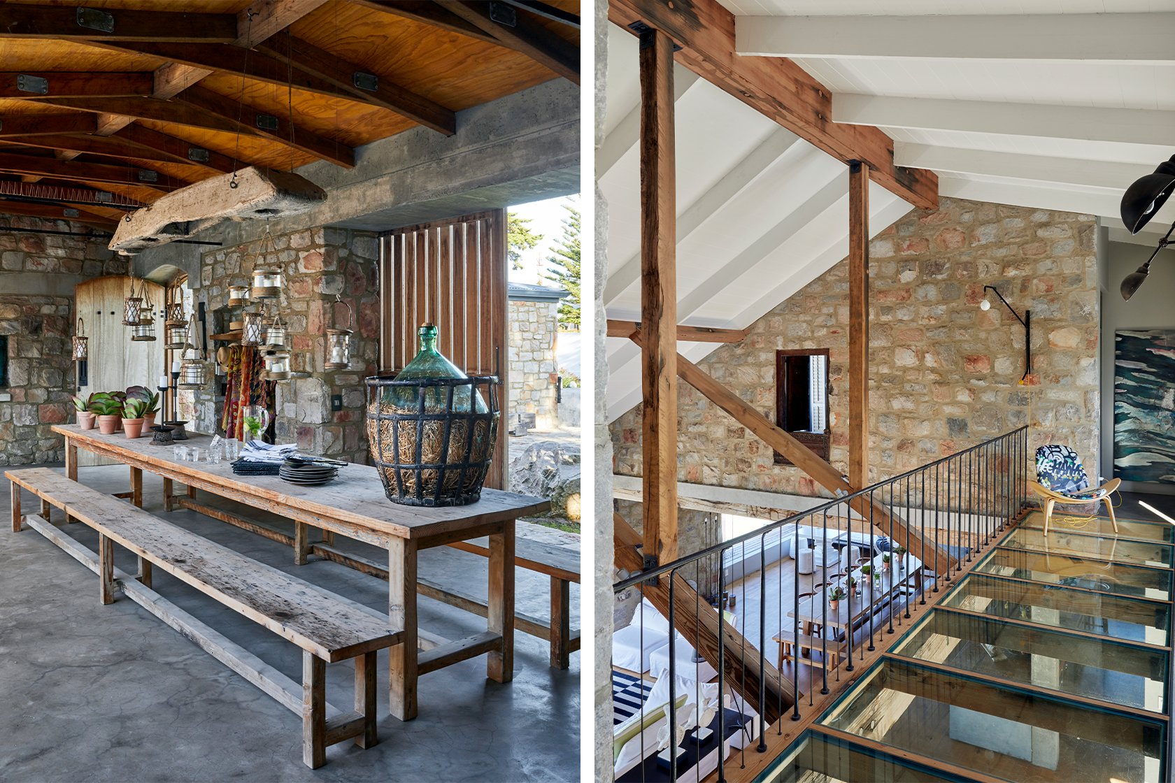 Perfect Hideaways – rustic dining space with long wooden tables, hanging lanterns, and a glass-ceiling loft view revealing the home’s stone architecture – Stone House, Hermanus.