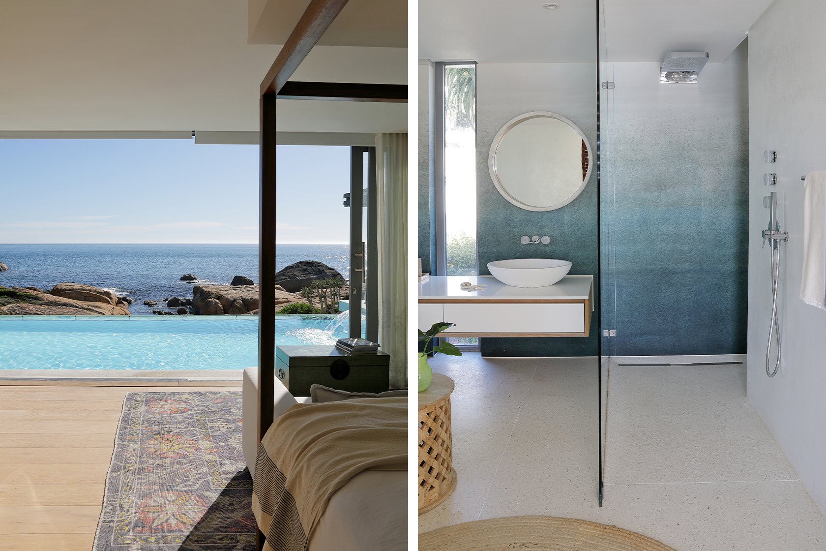 Perfect Hideaways: A minimalist bathroom with a walk-in shower and striking ombré blue wall, complemented by a round mirror, floating vanity, and clean lines. Bahari, Llandudno.