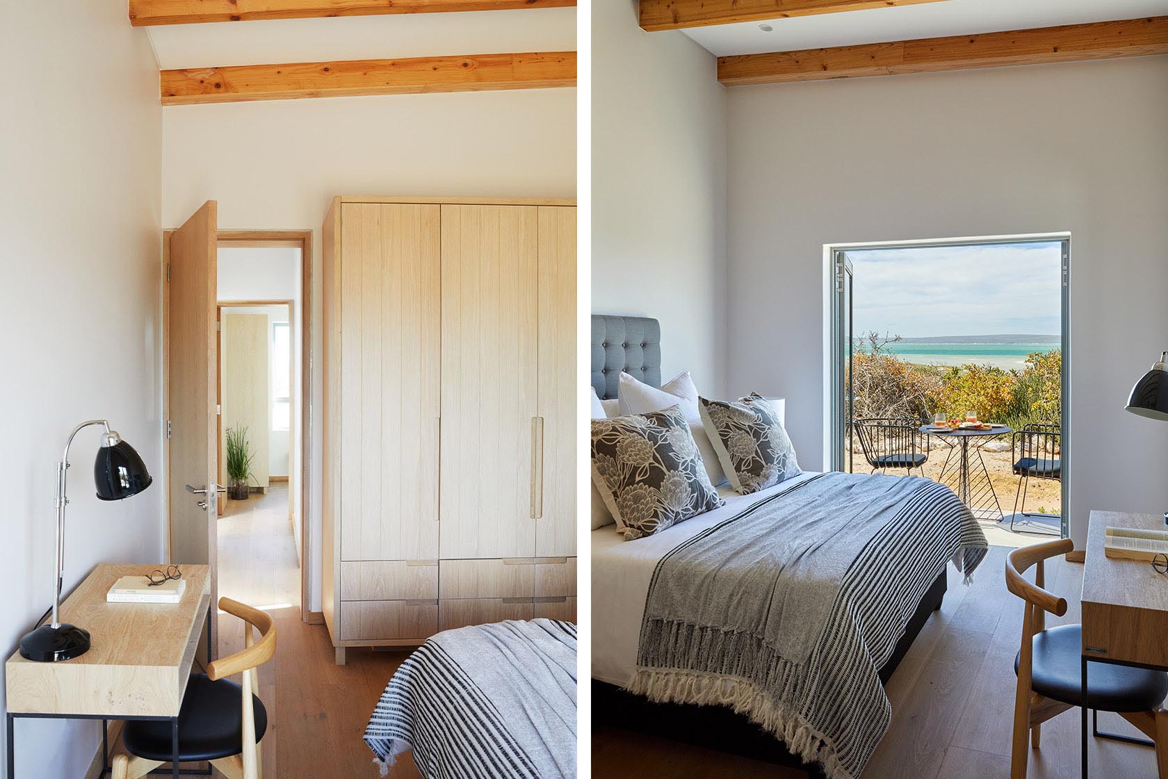 Perfect Hideaways tranquil bedroom with wooden finishes, workspace desk and doors opening to patio with lagoon views, Kalie's Cottage, Churchhaven