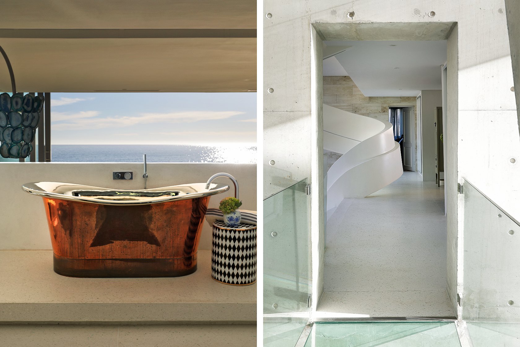 Perfect Hideaways: A gleaming copper bathtub positioned to soak in uninterrupted ocean views, paired with playful patterned side tables and elegant finishes. Bahari, Llandudno.