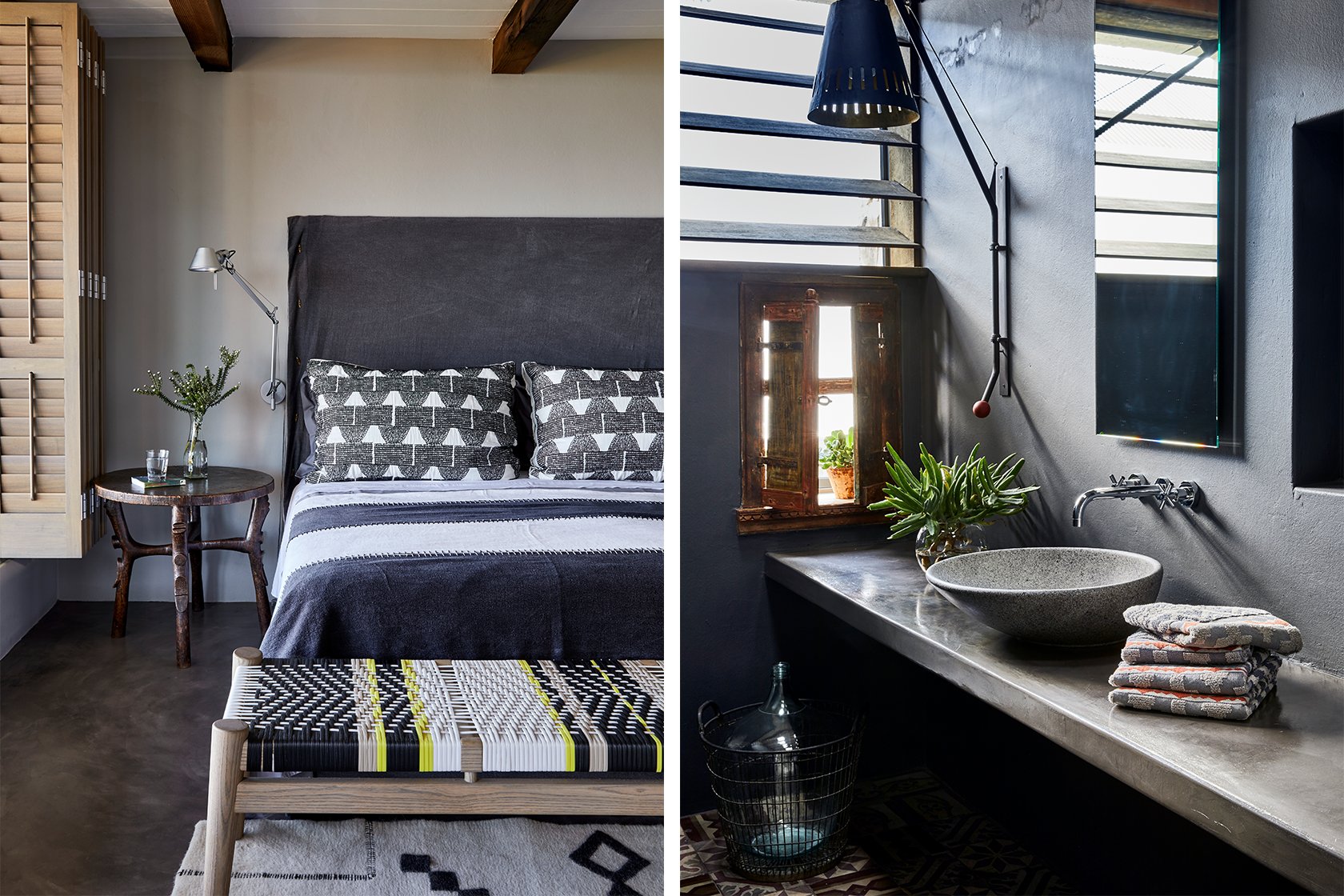 Perfect Hideaways – close-up of a cozy bedroom with graphic linens beside a minimalist stone bathroom featuring a basin sink and leafy décor – Stone House, Hermanus.