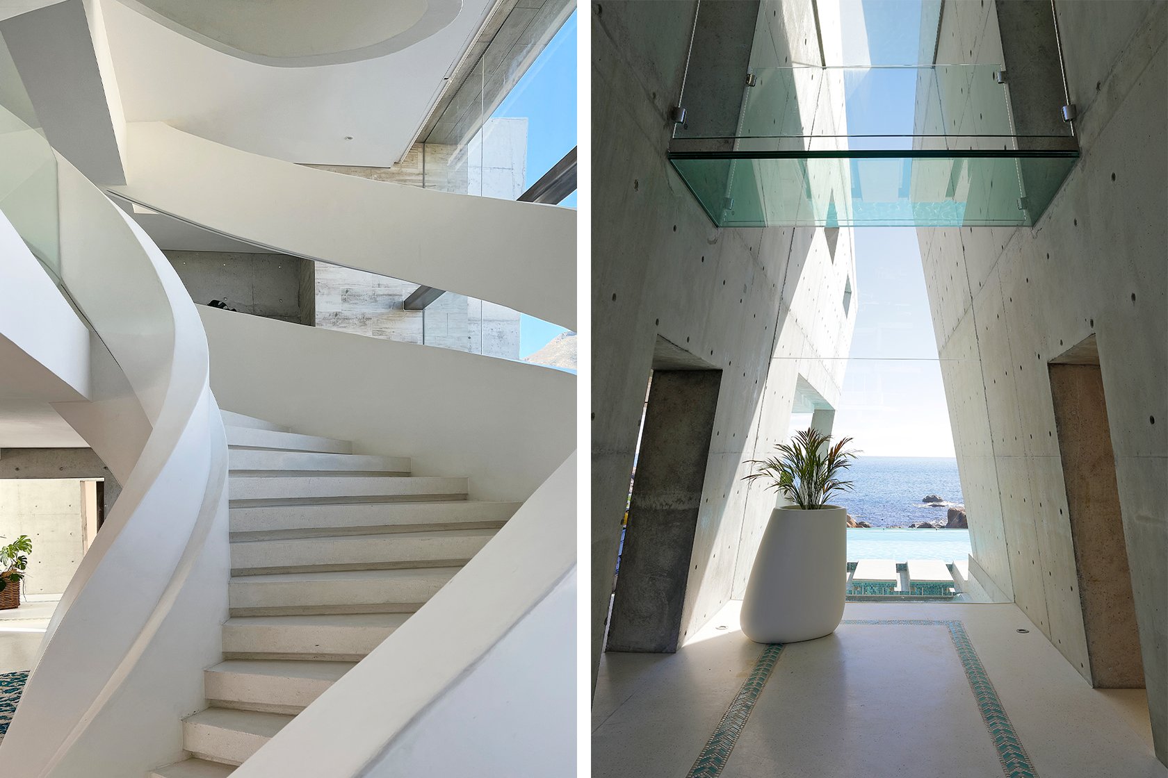 Perfect Hideaways: A striking architectural walkway with angled concrete walls and a suspended glass bridge frames a panoramic view of the ocean beyond. Bahari, Llandudno.