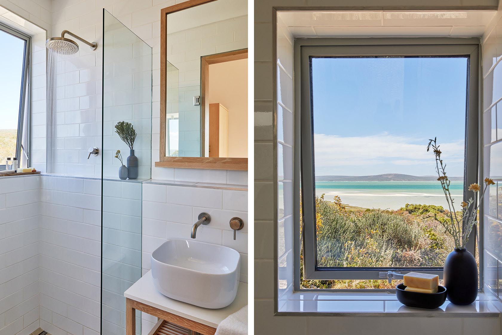 Perfect Hideaways light-filled bathroom with walk-in shower, minimalist vanity and window framing lagoon views, Kalie's Cottage, Churchhaven