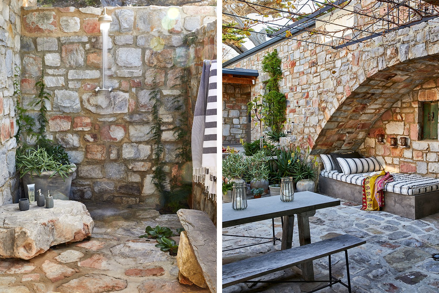 Perfect Hideaways – charming stone courtyard featuring an outdoor shower and shaded garden nook with striped cushions and potted succulents – Stone House, Hermanus.
