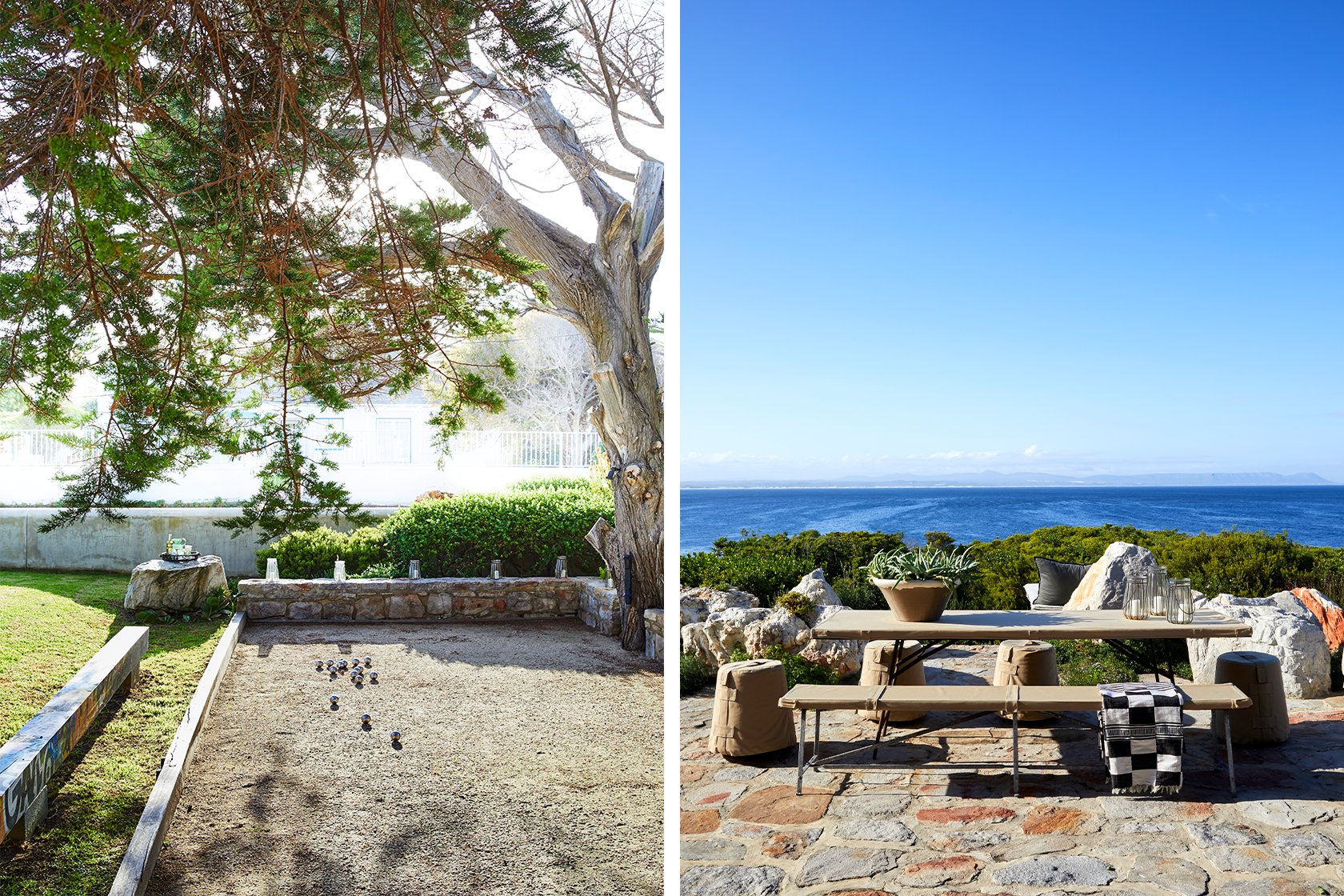 Perfect Hideaways – tranquil garden scenes featuring a shaded pétanque court beneath leafy trees and a rustic stone terrace with ocean-view picnic seating – Stone House, Hermanus.