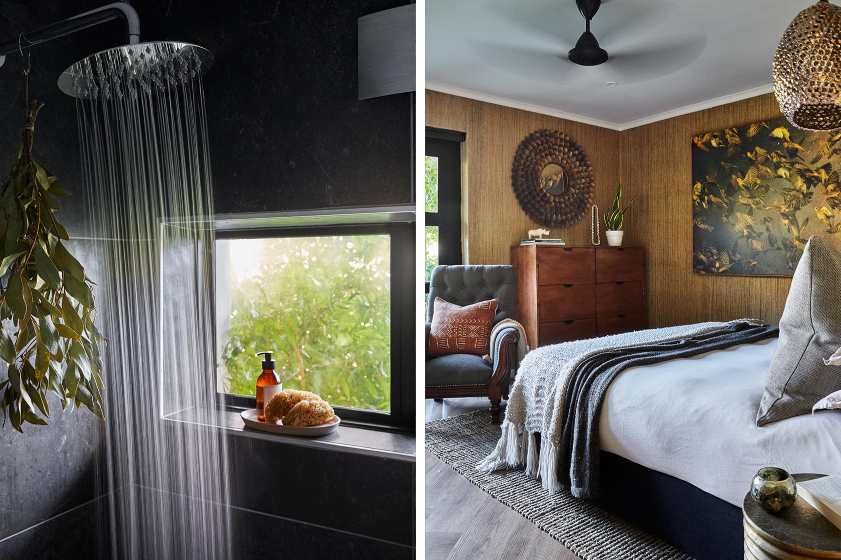 Perfect Hideaways - A luxurious rainfall shower framed by dark stone and a window onto garden foliage beside a cosy bedroom with woven textures, earthy tones and curated décor High Country Cottage_Wolseley_Cape Winelands_Western Cape_South Africa