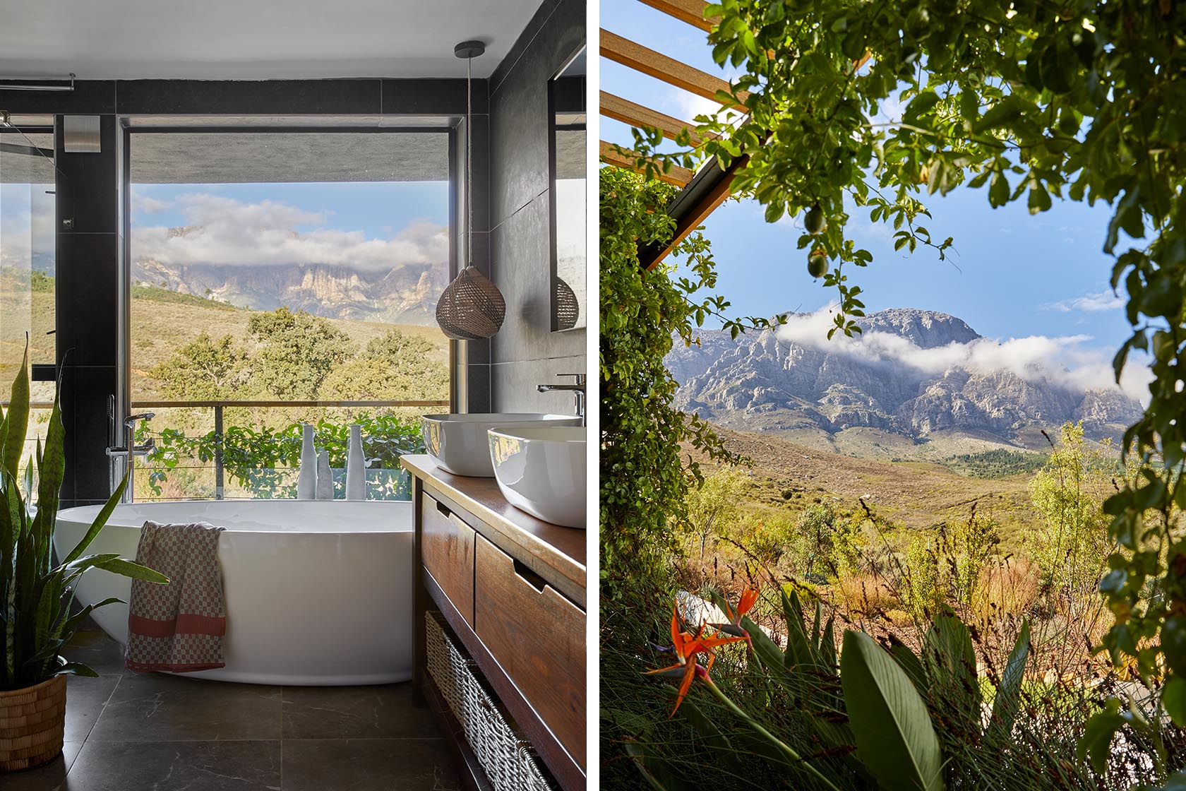 Perfect Hideaways - A serene bathroom featuring a freestanding tub positioned before a picture window overlooking cloud-wrapped mountains, paired with a view through lush garden vines toward the rugged peaks High Country Cottage_Wolseley_Cape Winelands_Western Cape_South Africa