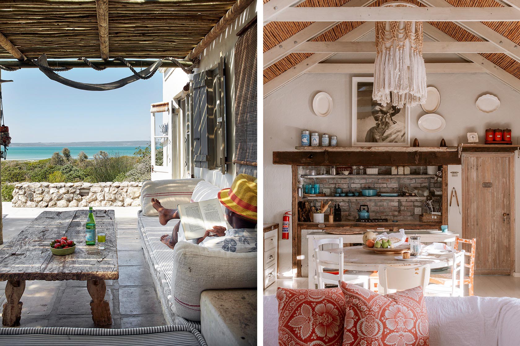 Perfect Hideaways - A guest reclining on a cushioned outdoor bench beneath a rustic pergola while reading, with uninterrupted views across the lagoon and surrounding dunes Seagull Cottage_Churchhaven_West Coast_Western Cape_South Africa