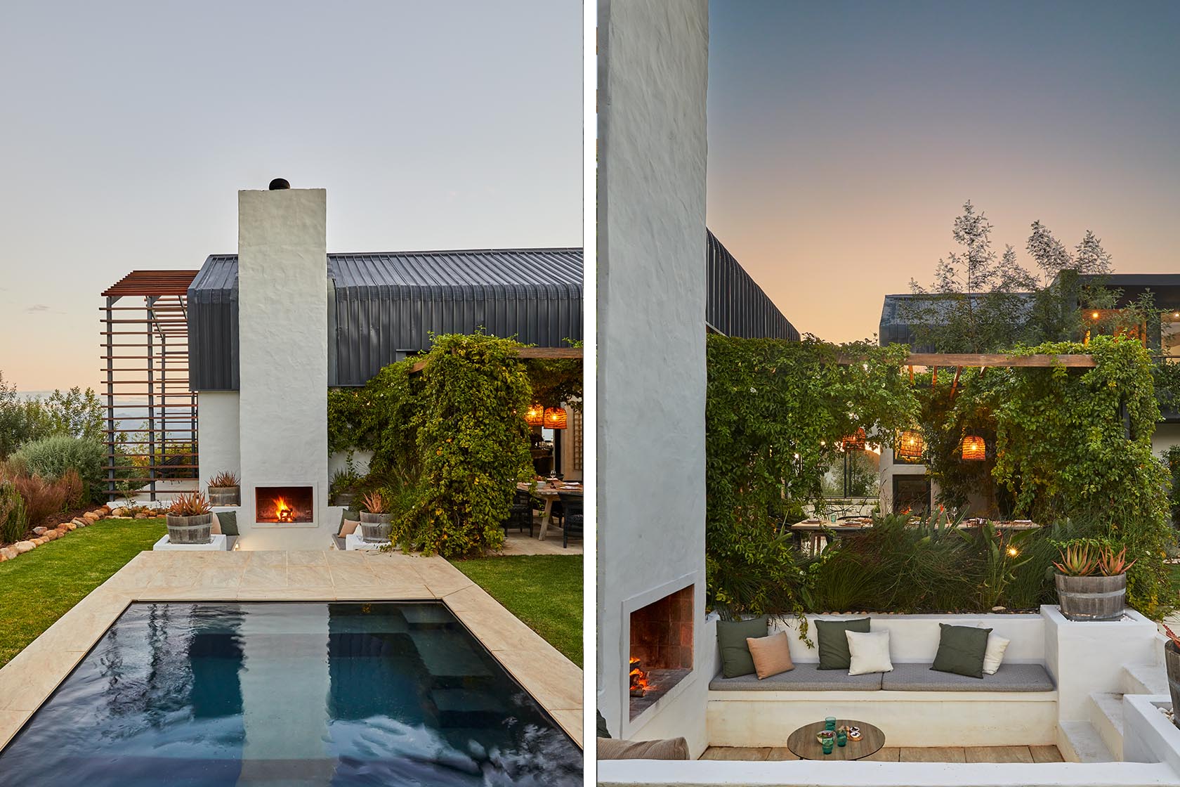 Perfect Hideaways - A tranquil pool terrace anchored by a white chimney fireplace, with a second view at twilight revealing a vine-draped patio and intimate built-in seating beside glowing lanterns High Country Cottage_Wolseley_Cape Winelands_Western Cape_South Africa