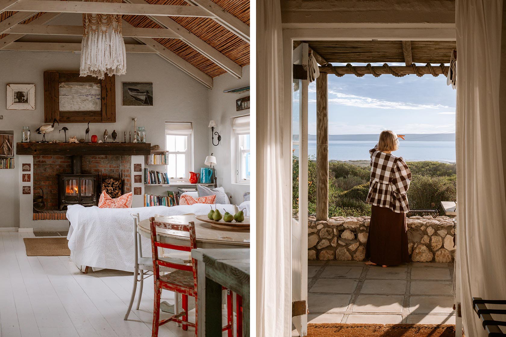 Perfect Hideaways - A charming open-plan cottage kitchen with exposed beams, vintage cabinetry, rustic shelving and a weathered wooden dining table bathed in warm natural light Seagull Cottage_Churchhaven_West Coast_Western Cape_South Africa