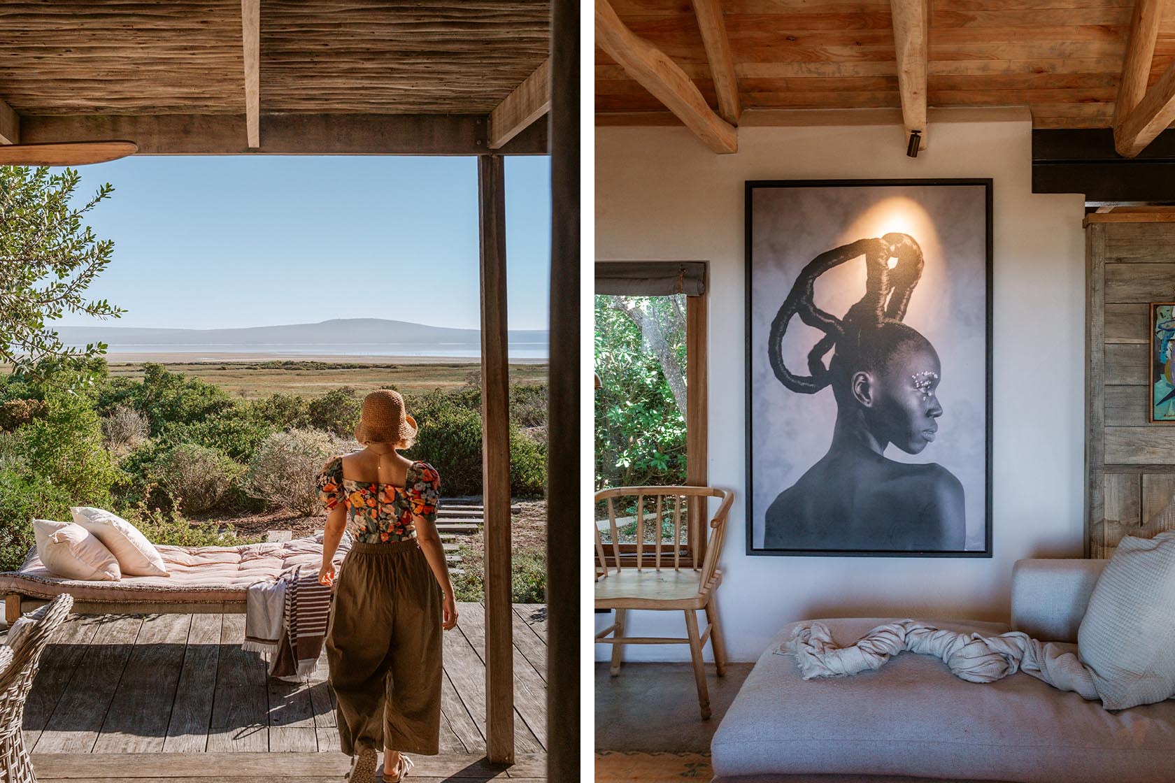 Perfect Hideaways- Shaded deck with a daybed overlooking fynbos and lagoon views, with a woman walking towards the outdoor lounging area framed by wooden posts and coastal vegetation, Yellowwood Cottage, Churchhaven, Western Cape, South Africa