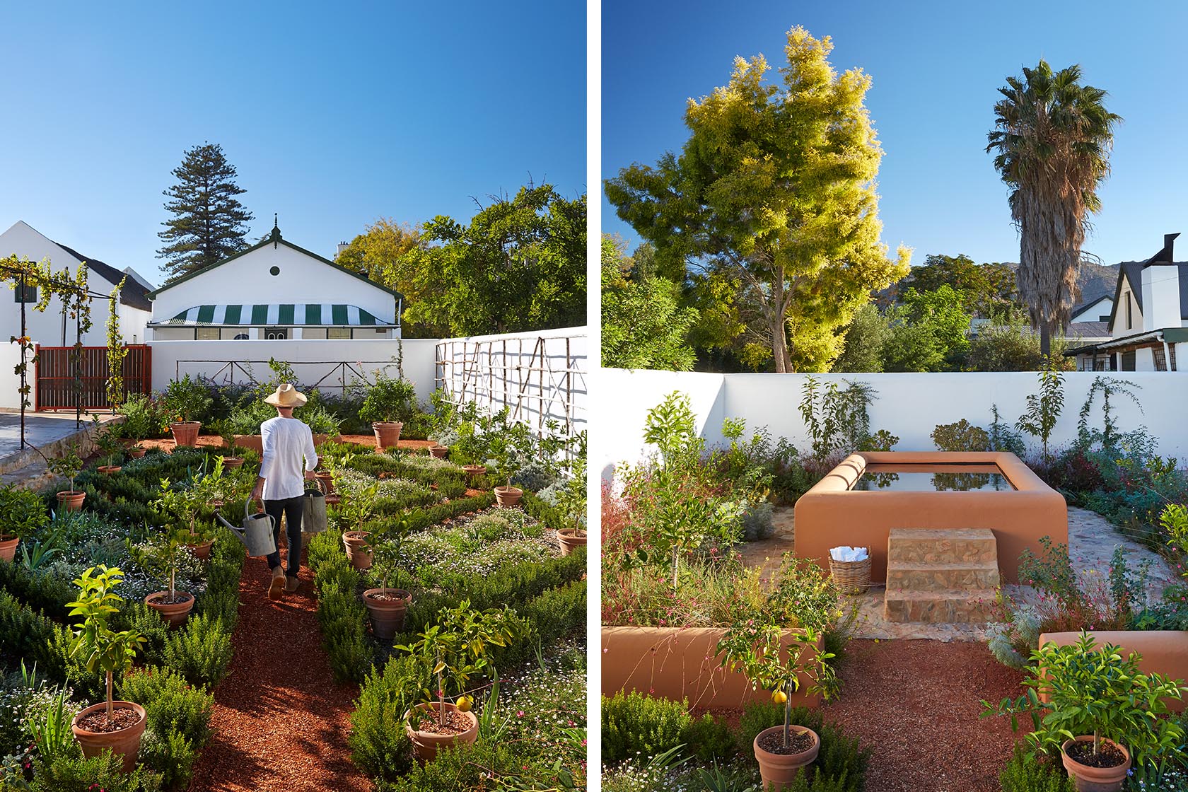 Perfect Hideaways- A lush kitchen garden with neat beds and terracotta pots, where a person wearing a hat waters plants along a central path, framed by white walls and green-striped awnings Jonkmanshof, Montague, Western Cape, South Africa
