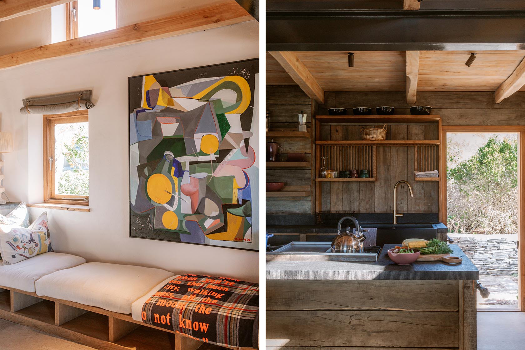 Perfect Hideaways- Interior lounge corner featuring a large portrait artwork, low daybed, timber chair and soft throws under exposed wooden ceiling beams, Yellowwood Cottage, Churchhaven, Western Cape, South Africa