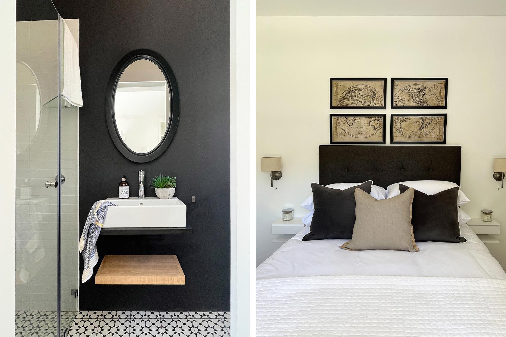Perfect Hideaways - Contemporary bathroom with patterned floor tiles, glass shower, floating vanity and round mirror alongside a tranquil bedroom featuring layered cushions and framed vintage maps Buitenzorg Garden Cottage_Constantia_Southern Suburbs_Cape Town_Western Cape_South Africa