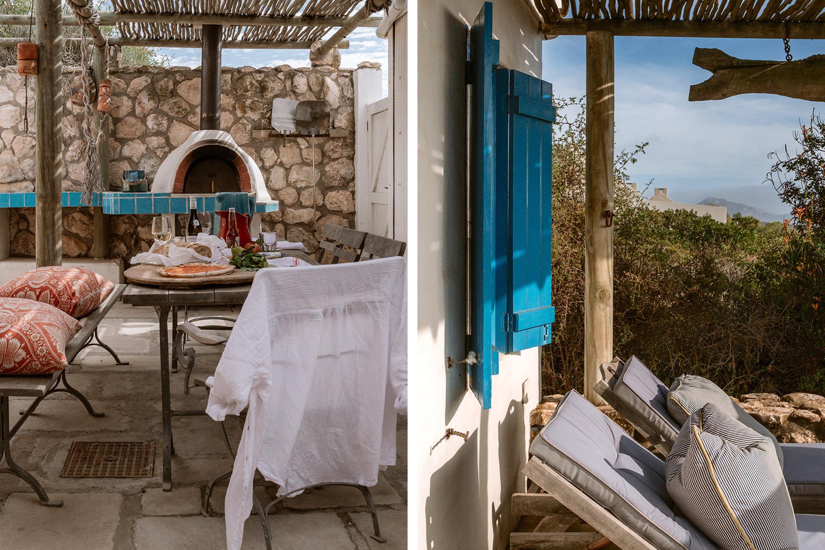 Perfect Hideaways - A woman stands wrapped in a shawl on the stone terrace gazing over the calm lagoon, framed by flowing curtains and rustic timber posts Seagull Cottage_Churchhaven_West Coast_Western Cape_South Africa
