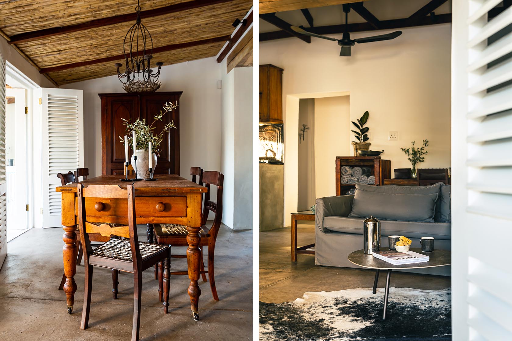 Perfect Hideaways-Traditional wooden dining table set beneath a reed ceiling with antique furniture, candle holders, and natural decor creating a warm farmhouse atmosphere Valley Cottage, Riebeek Casteel, Western Cape, South Africa
