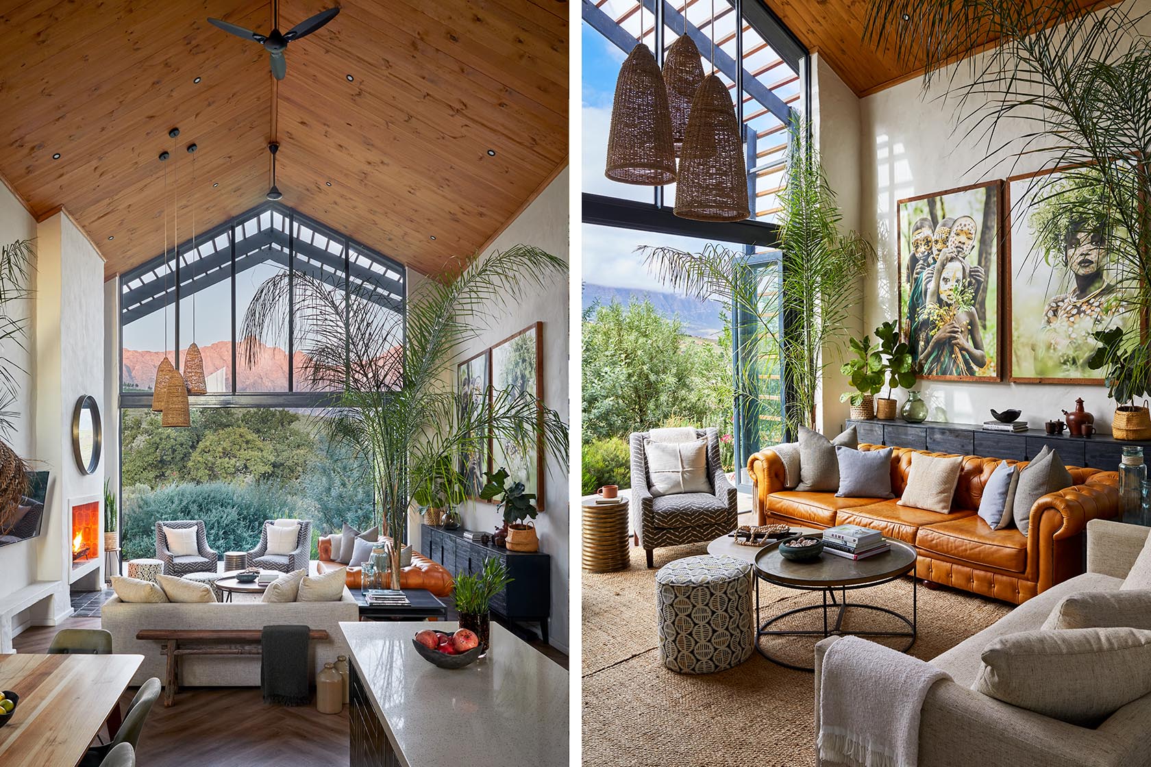 Perfect Hideaways - A soaring living room with full-height glass framing the mountains at sunset, paired with a warm lounge featuring a caramel leather sofa, woven accents and botanical décor High Country Cottage_Wolseley_Cape Winelands_Western Cape_South Africa